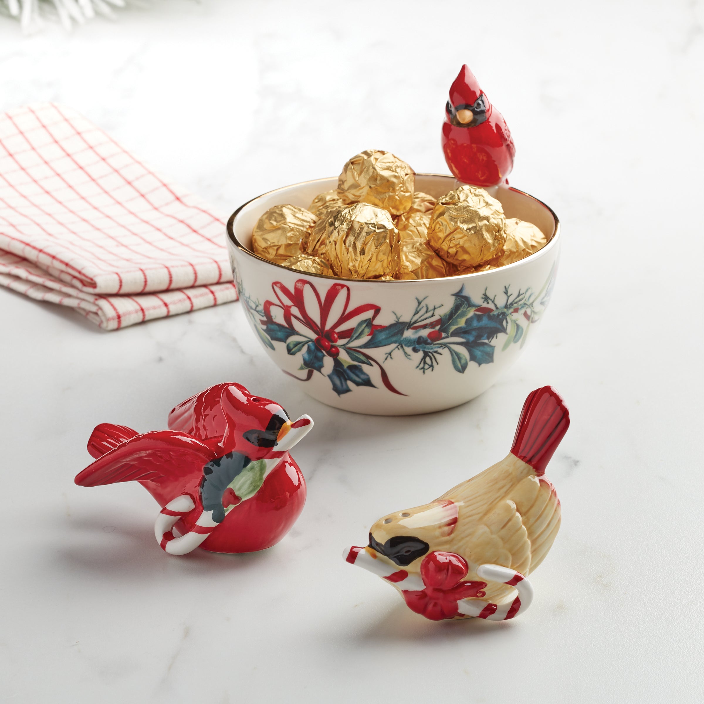 Winter Cardinal Ceramic Bowl with Holiday Ribbon & Holly Design
