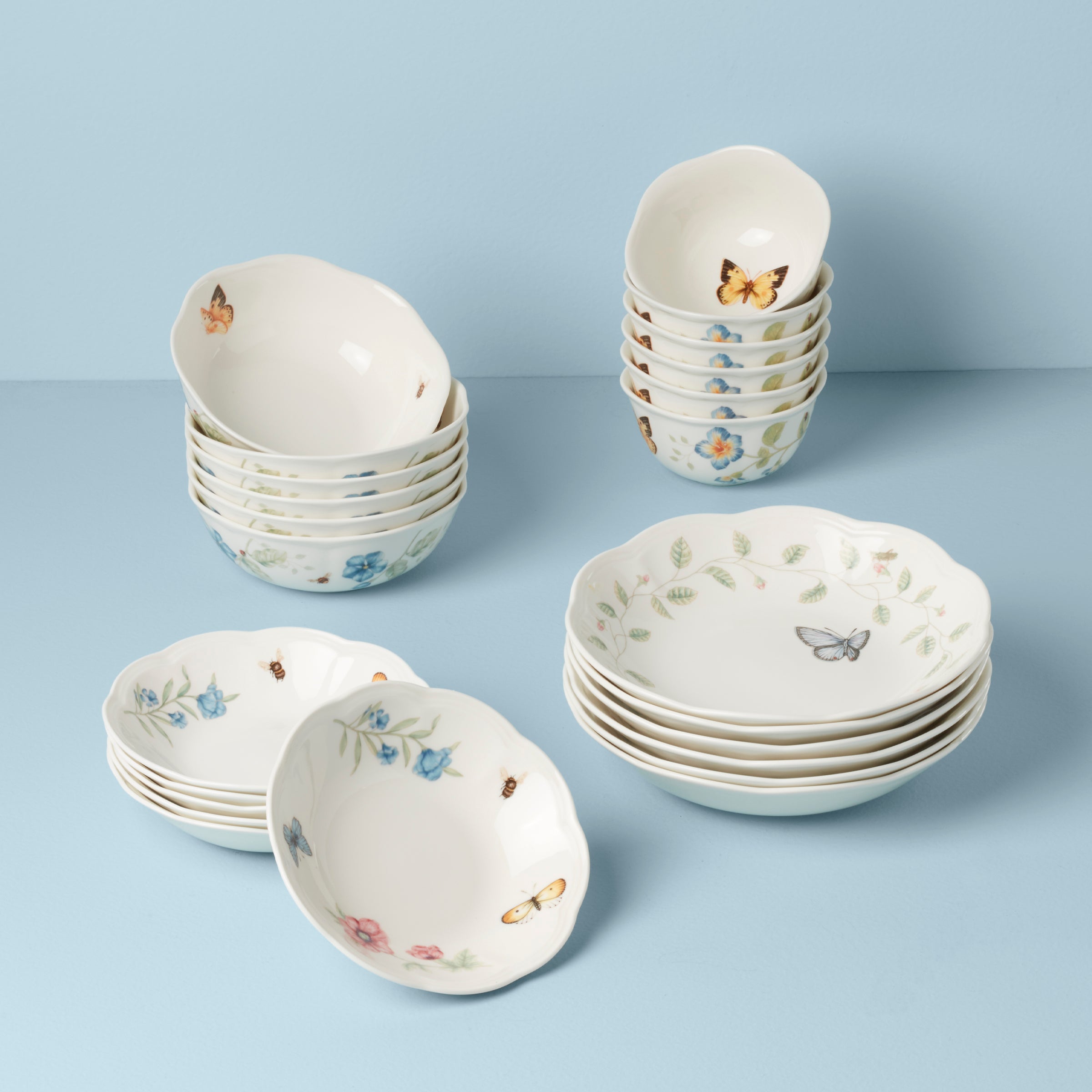 Butterfly Meadow Porcelain Bowl Set - 24-Piece Mix & Match Dishware