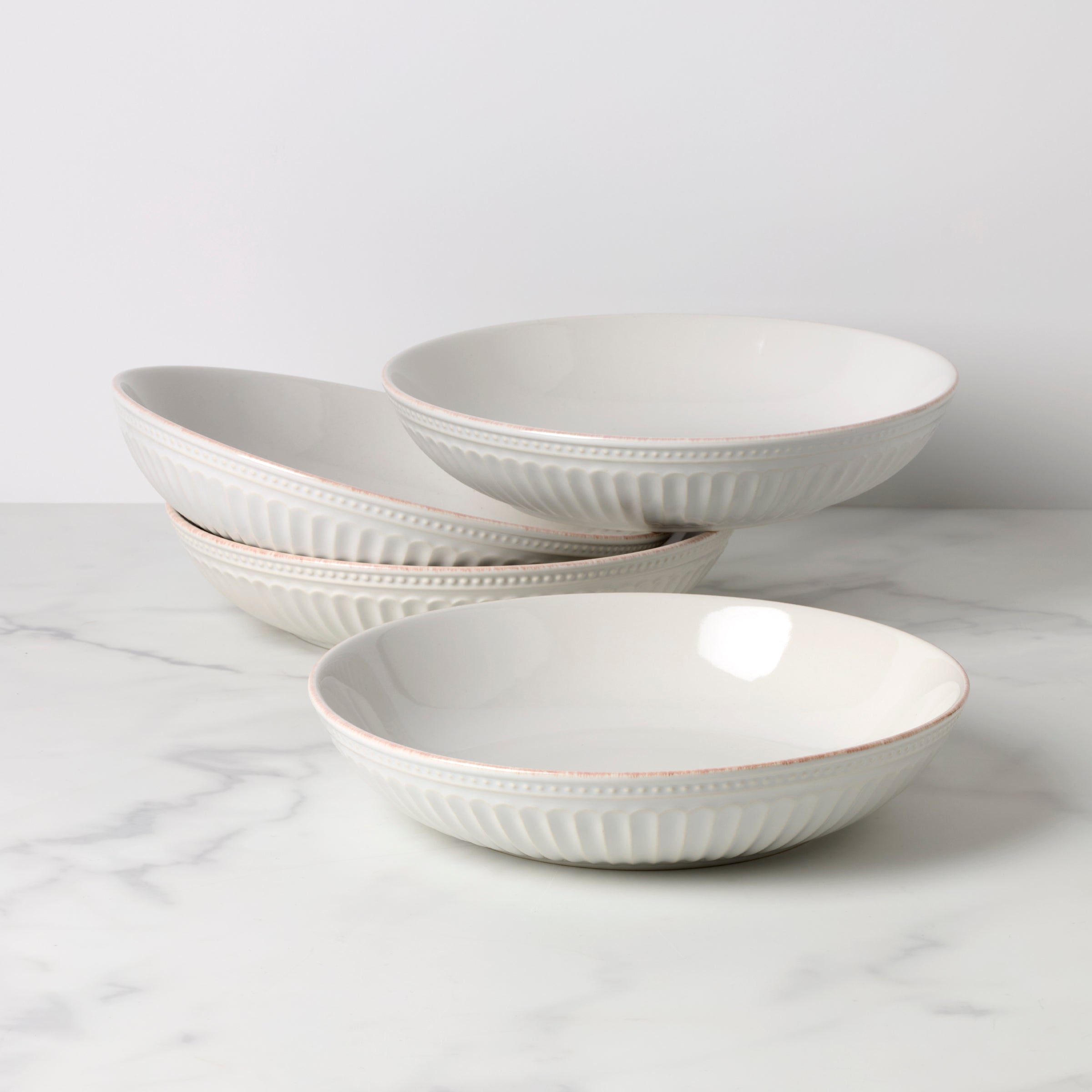 French Ceramic Dinner Bowls - Set of 4 Handcrafted Stoneware with Groove Design