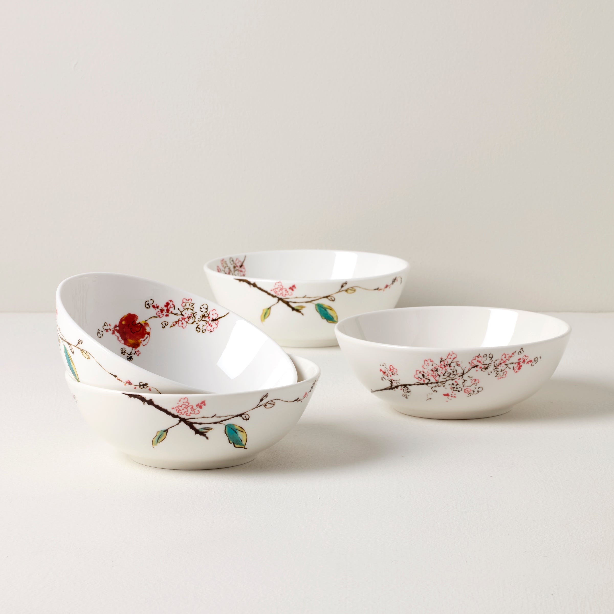 Porcelain Chirp Soup Bowls Set of 4 with Floral Bird Design
