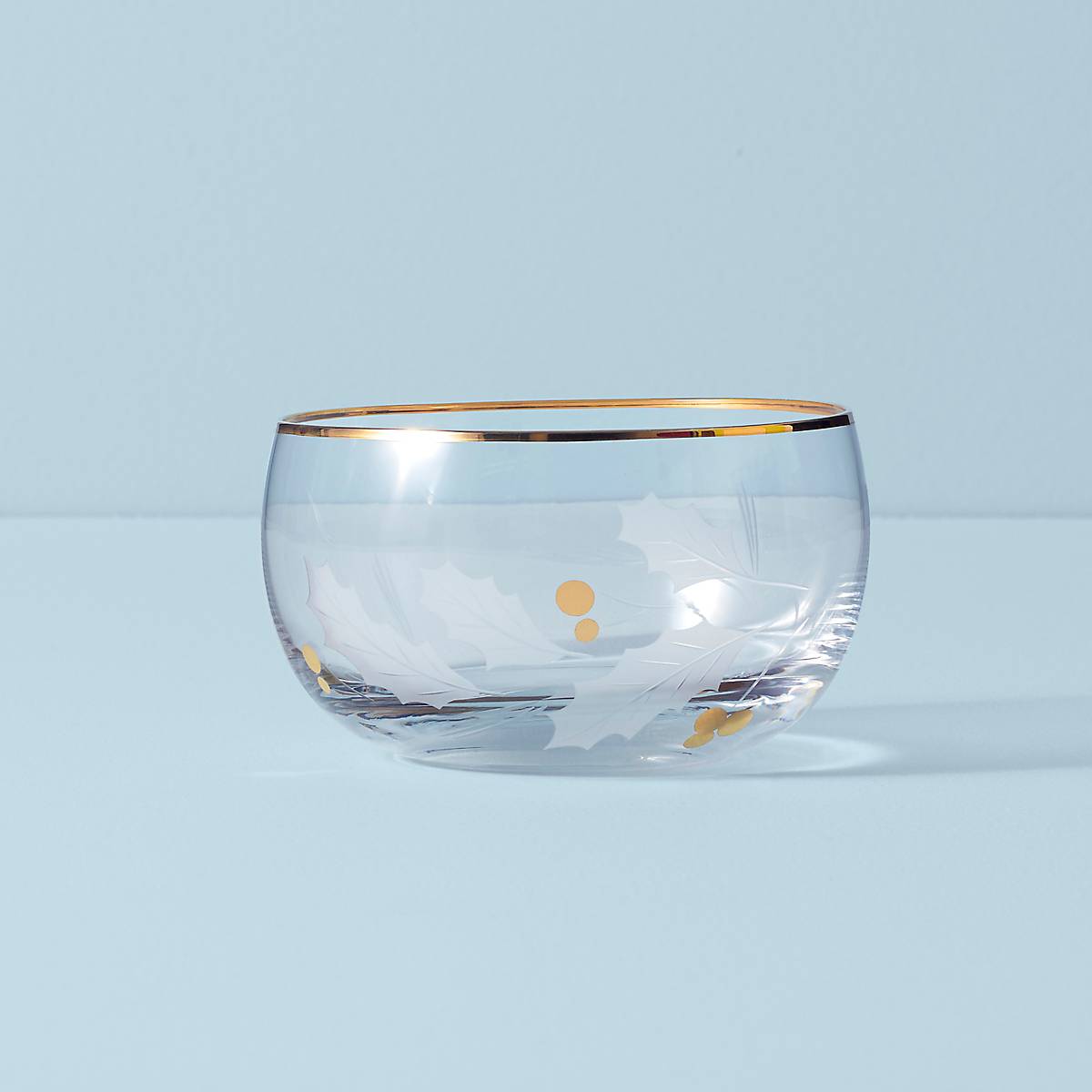 Holiday Gold Glass Nut Bowl with Etched Holly Design