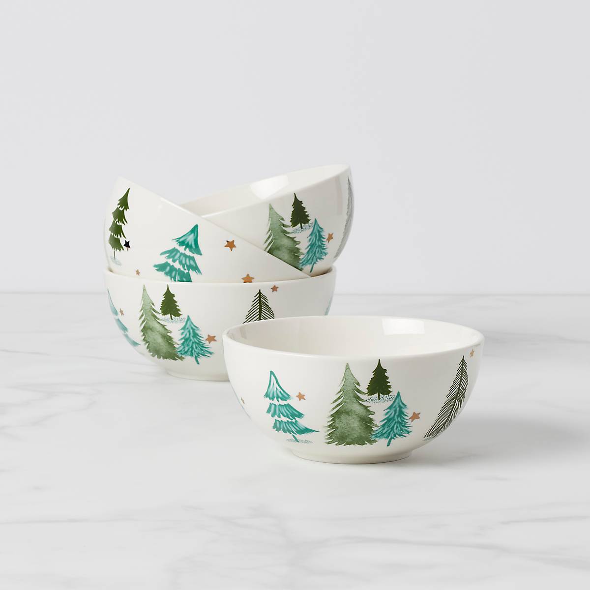 Balsam Lane Ceramic Bowls Set of 4 - Holiday Evergreens & Stars