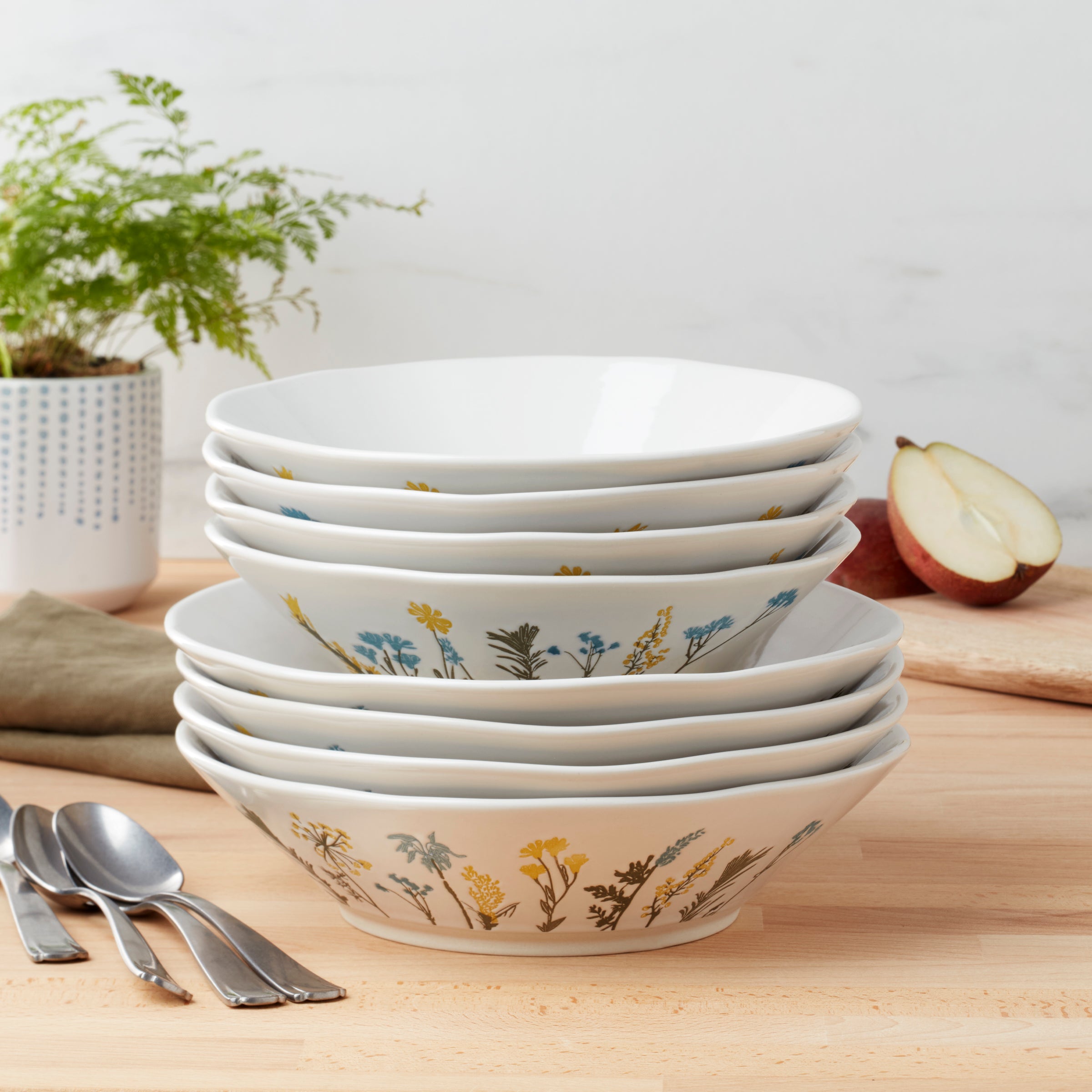 Wildflowers Stoneware Dinner Bowls Set of 4 - Spring Floral Design