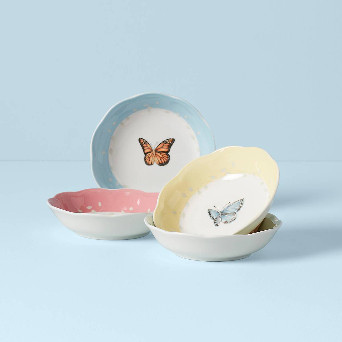 Butterfly Meadow Ceramic Fruit Bowl Set - 4-Piece, Scalloped Rim, Dishwasher Safe