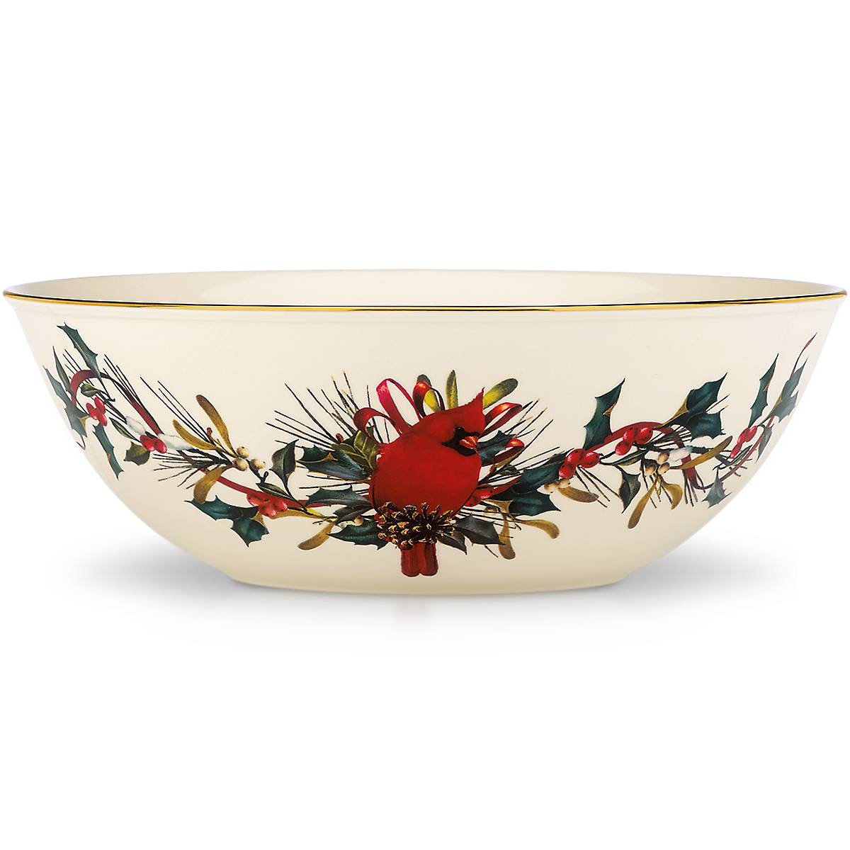 Winter Greetings Serving Bowl with Gold Accents & Cardinal Design