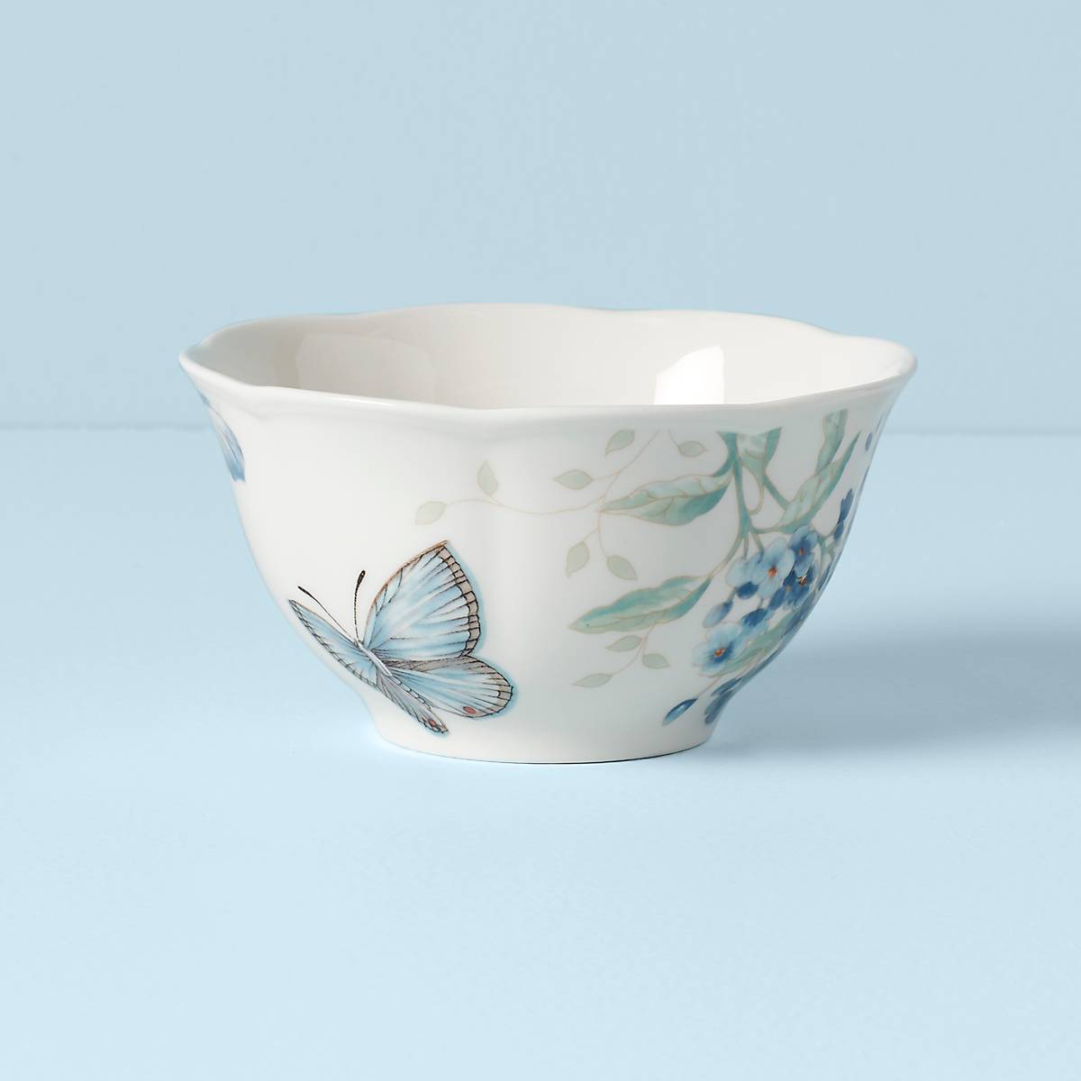 Butterfly Meadow Blue Ceramic Rice Bowl with Floral Design