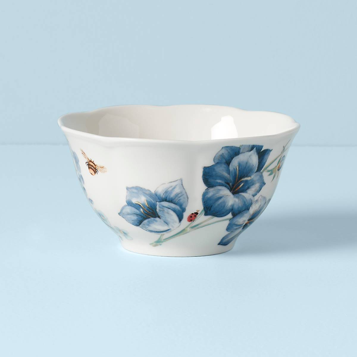 Butterfly Meadow Blue Ceramic Rice Bowl with Floral Design