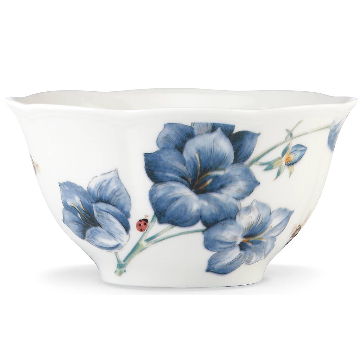 Butterfly Meadow Blue Ceramic Rice Bowl with Floral Design