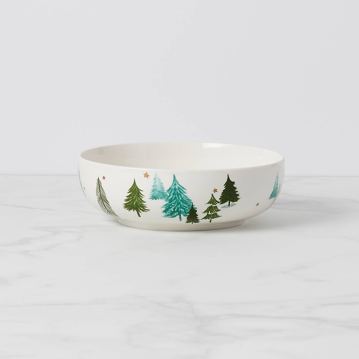 Balsam Lane Porcelain Serving Bowl with Evergreen Trees & Metallic Stars