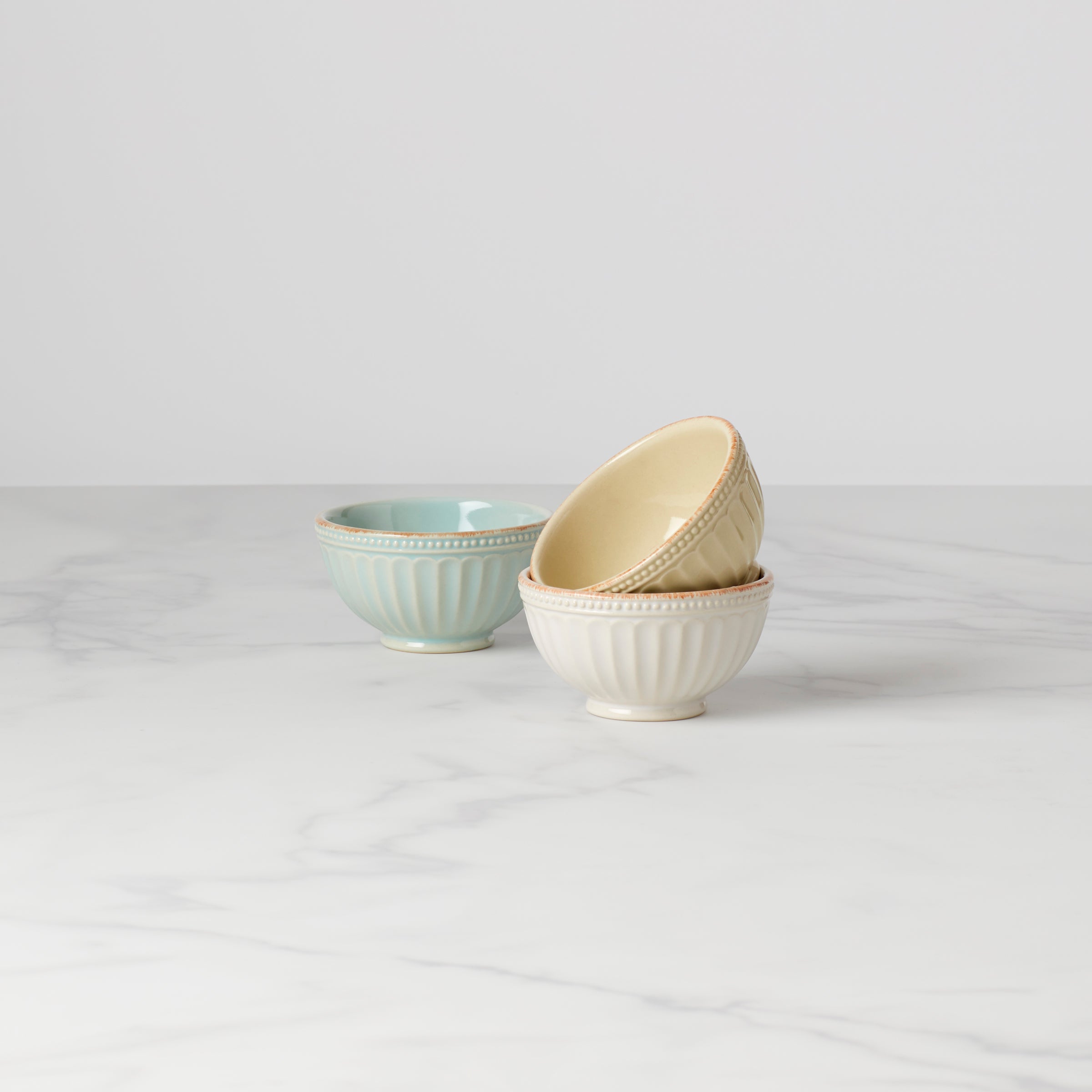 French Ceramic Mini Bowl Set - 3-Piece Stoneware with Groove Design, Microwave & Dishwasher Safe