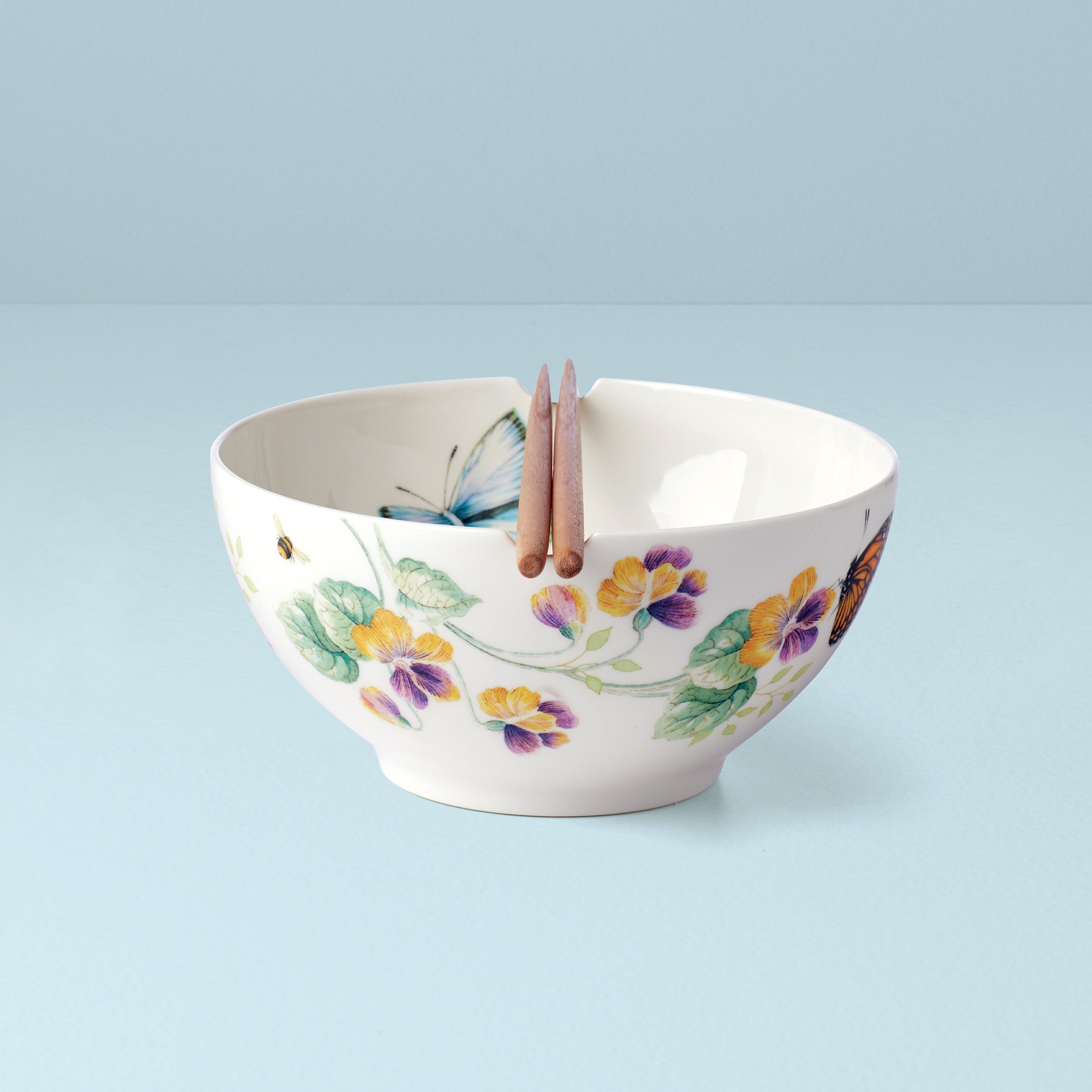 Butterfly Meadow Porcelain Noodle Bowl with Wooden Chopsticks