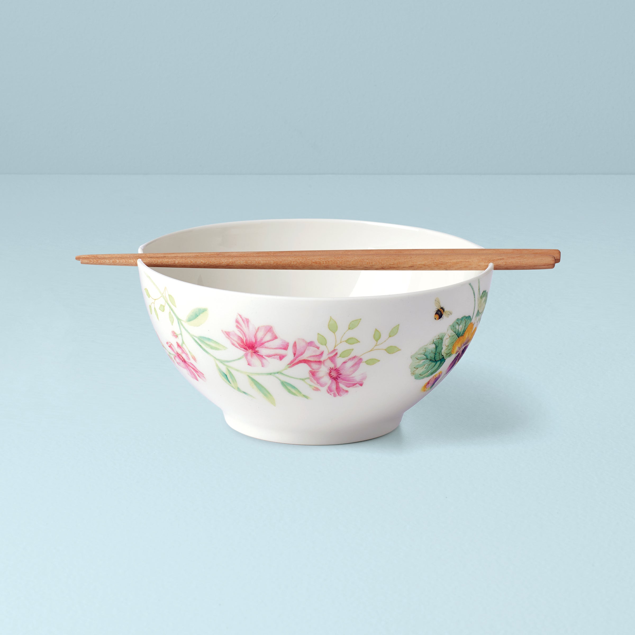 Butterfly Meadow Porcelain Noodle Bowl with Wooden Chopsticks