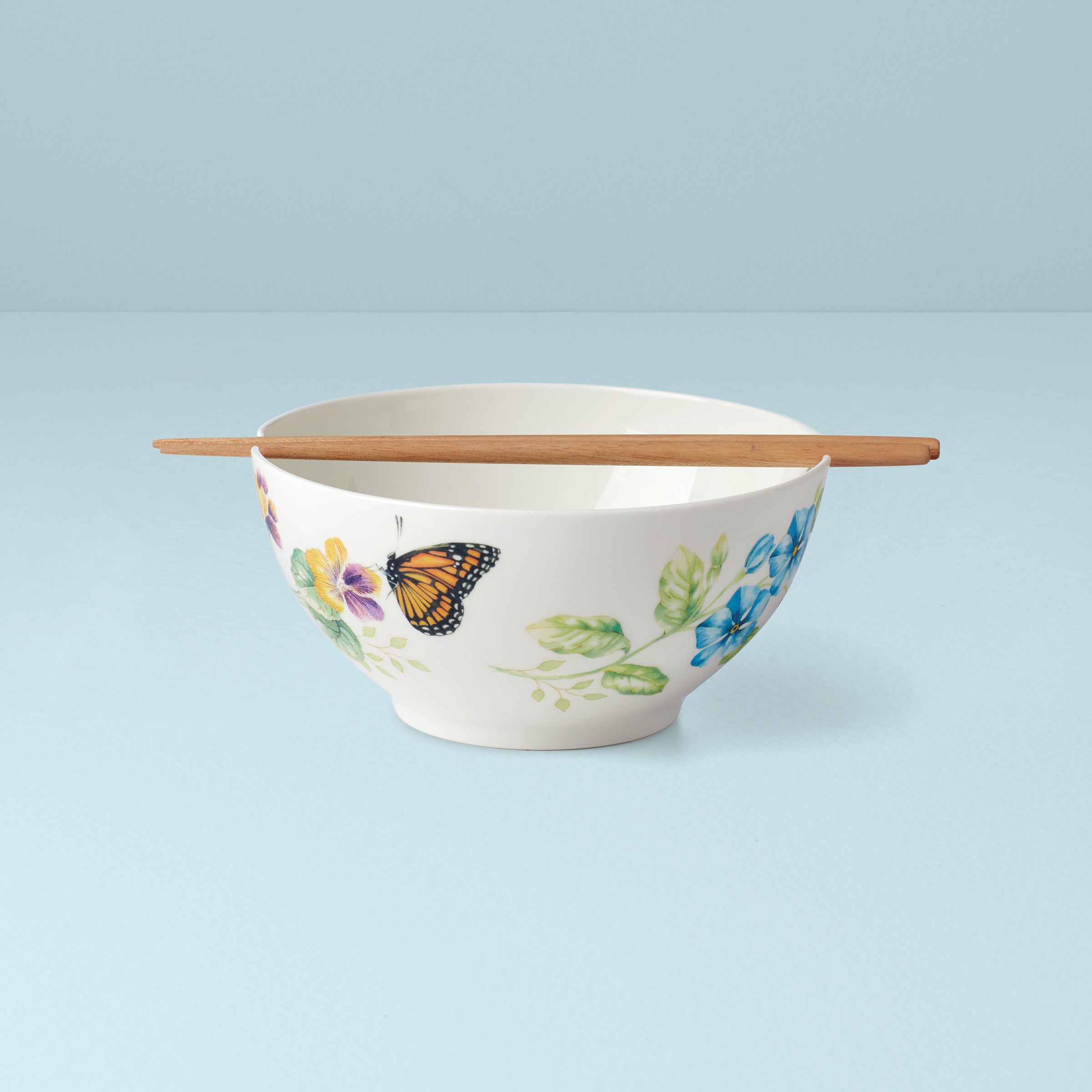 Butterfly Meadow Porcelain Noodle Bowl with Wooden Chopsticks