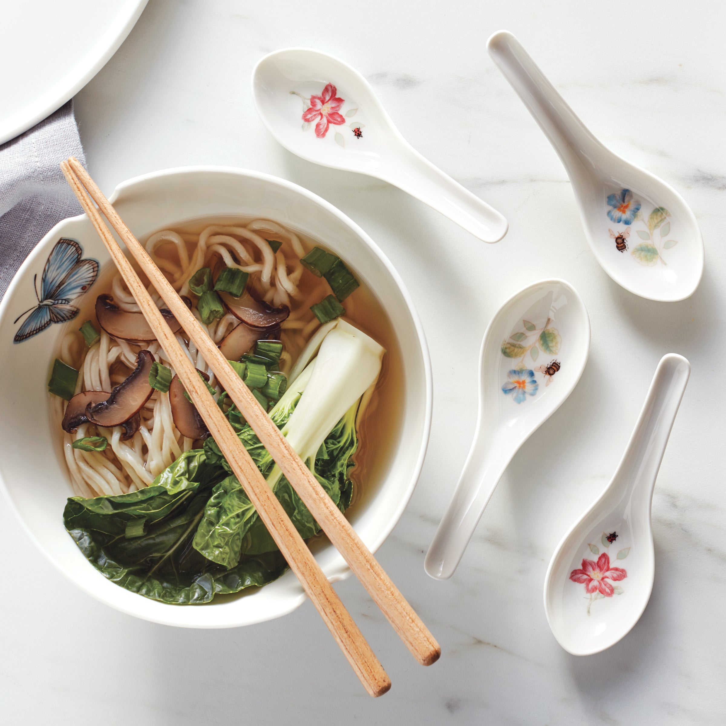 Butterfly Meadow Porcelain Noodle Bowl with Wooden Chopsticks