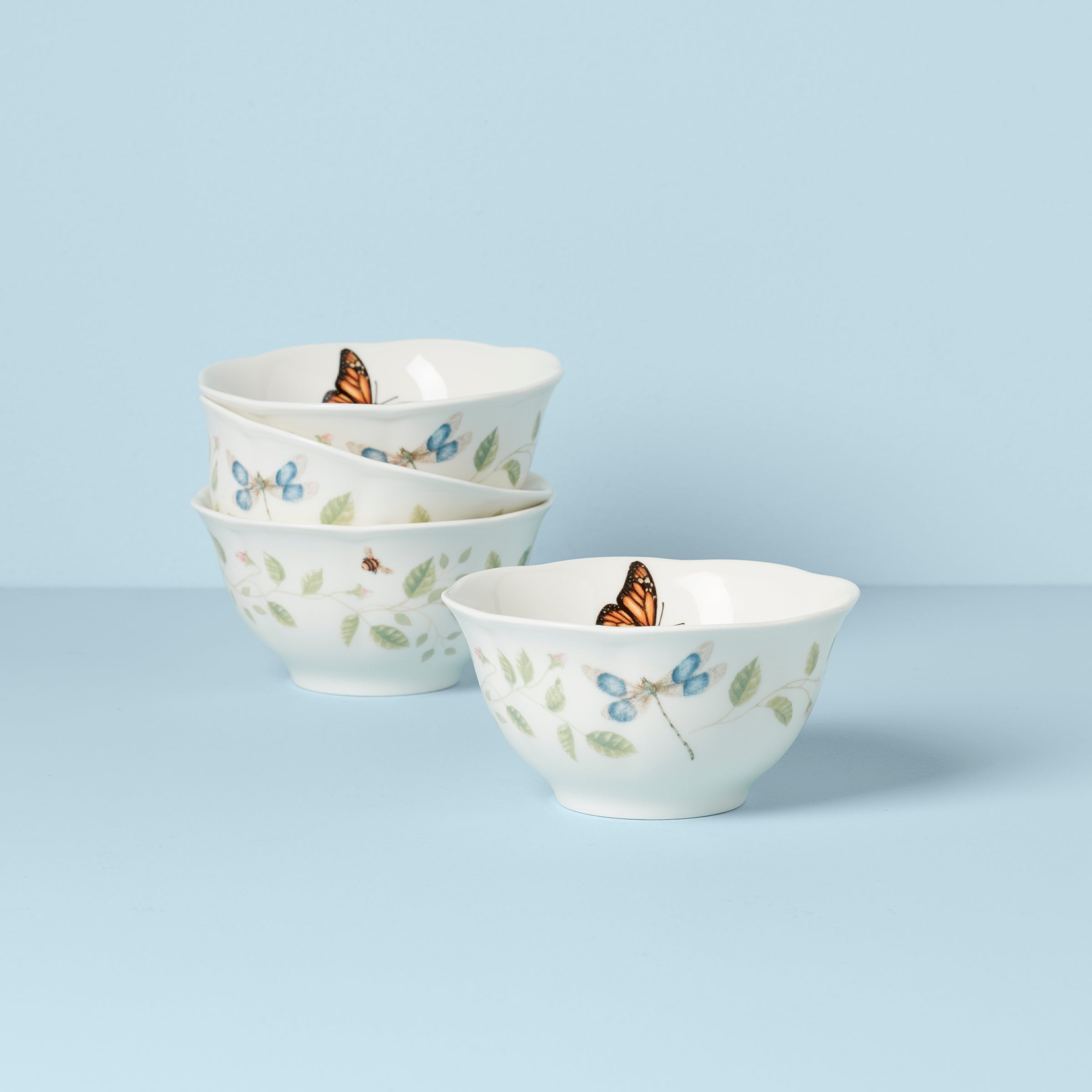 Butterfly Meadow Ceramic Rice Bowls Set of 4 with Floral Vines Design