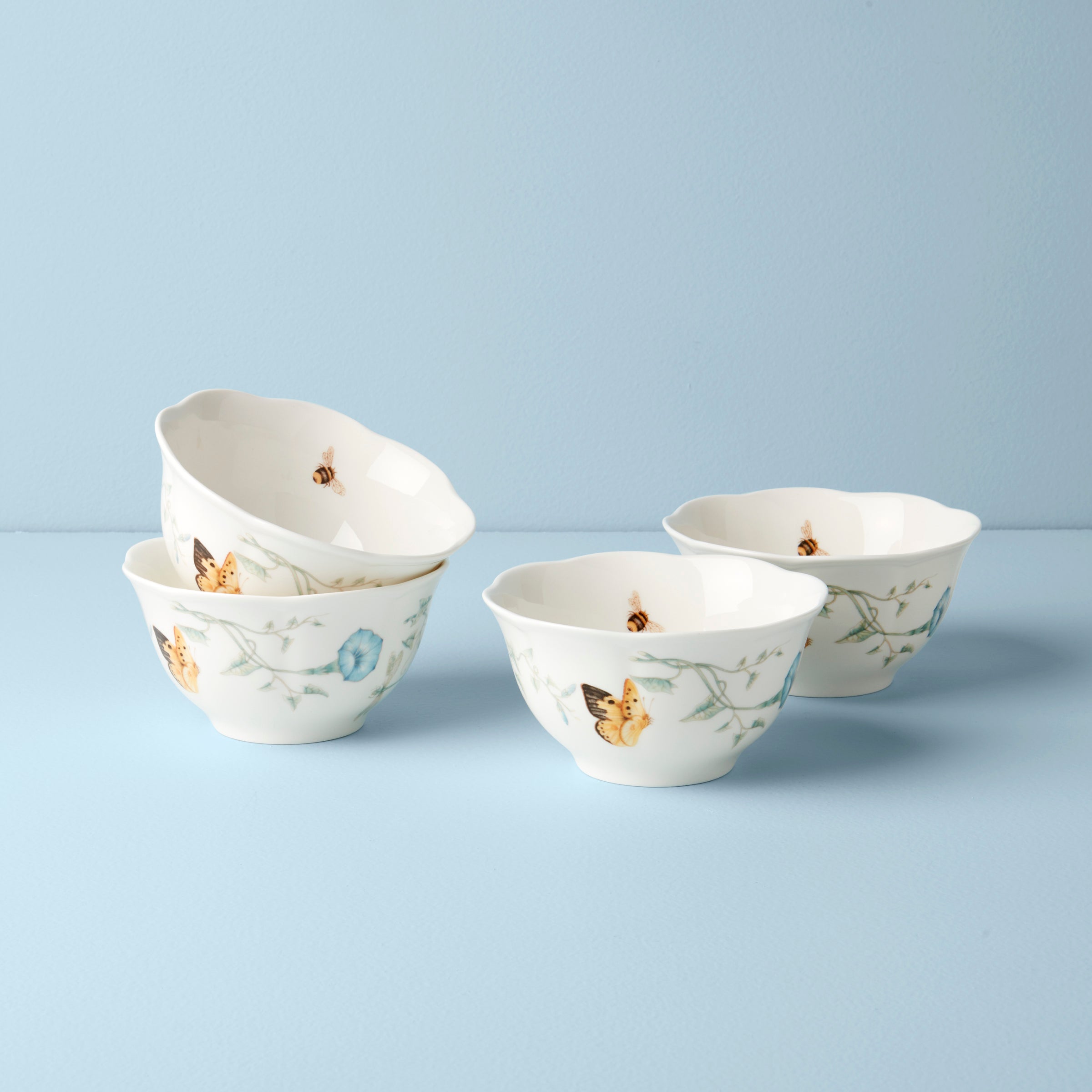 Butterfly Meadow Ceramic Rice Bowls - Set of 4 Floral Design