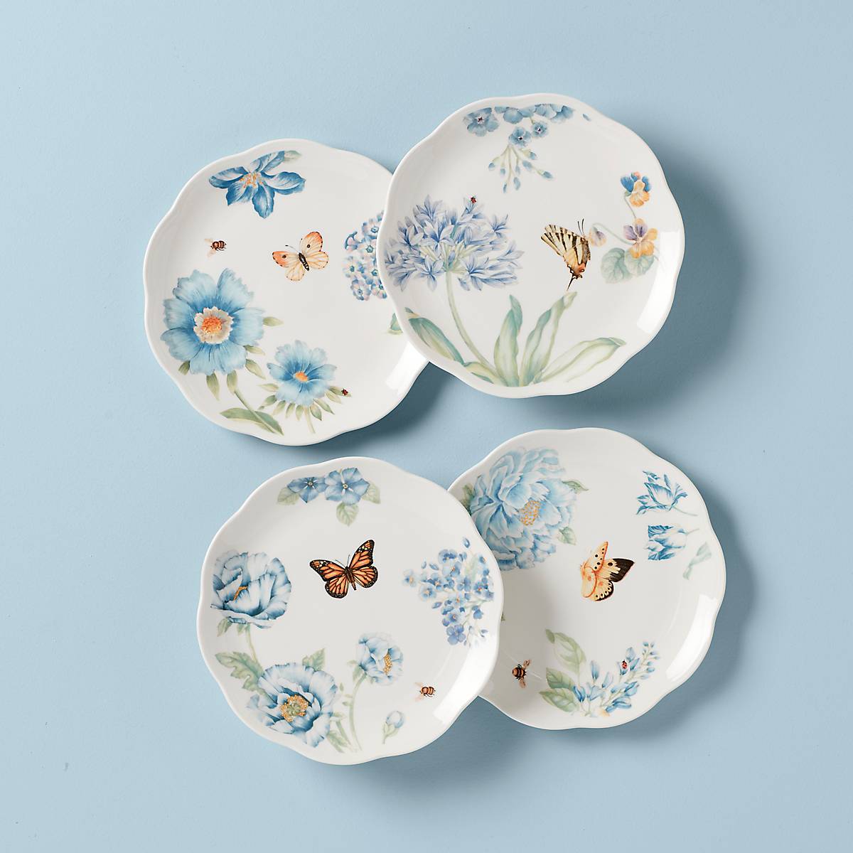 Butterfly Meadow Blue Porcelain Dessert Plates - Set of 4