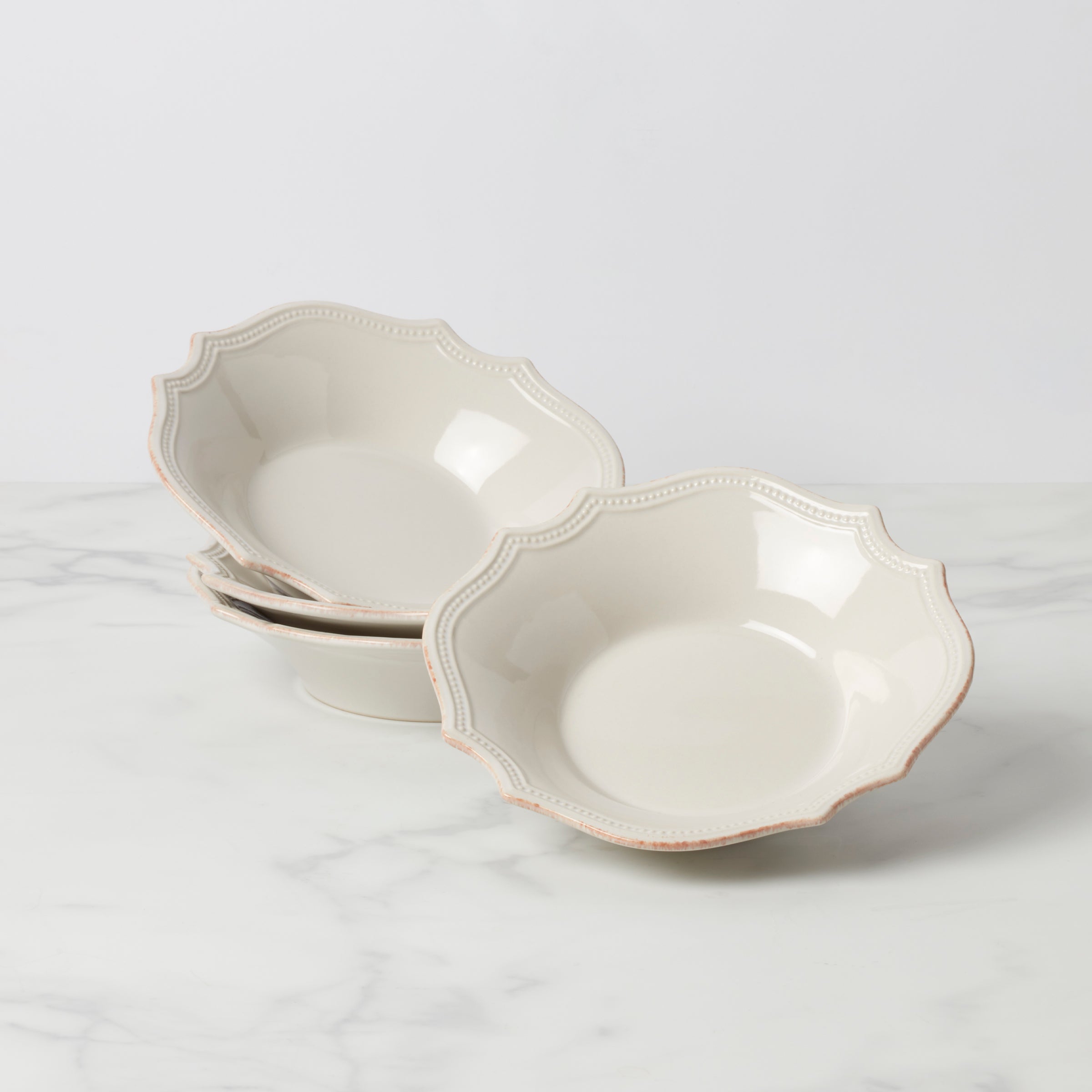 Ceramic Pasta Bowls Set of 4 - French Perle Bead Design, Microwave & Dishwasher Safe