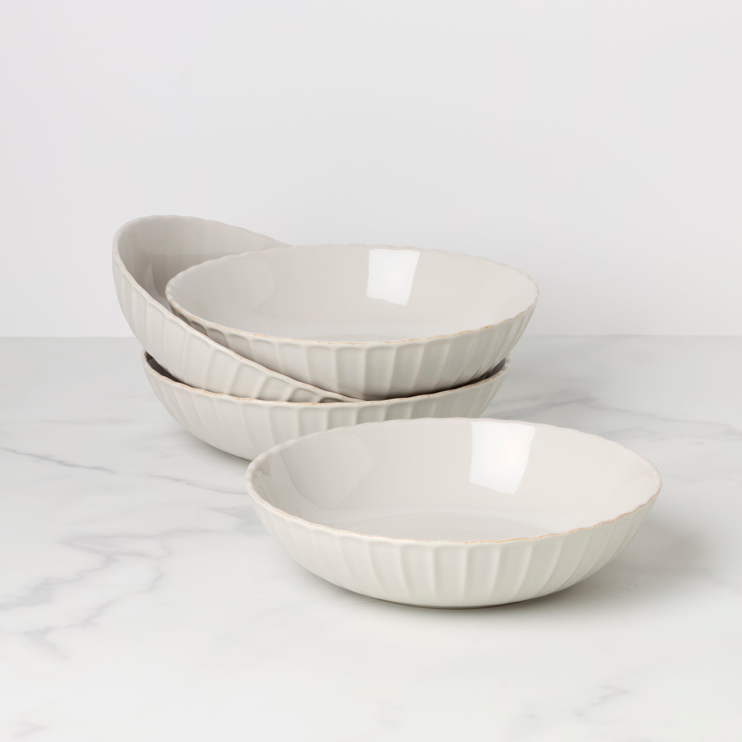 French Perle Scallop Pasta Bowls Set of 4 - Elegant Stoneware Dinnerware