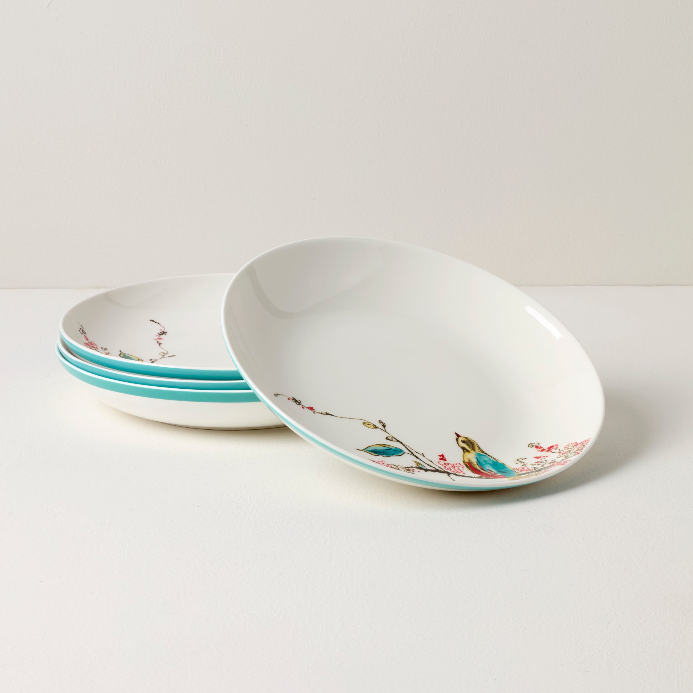 Chirp Porcelain Pasta Bowls Set of 4 with Floral Bird Design