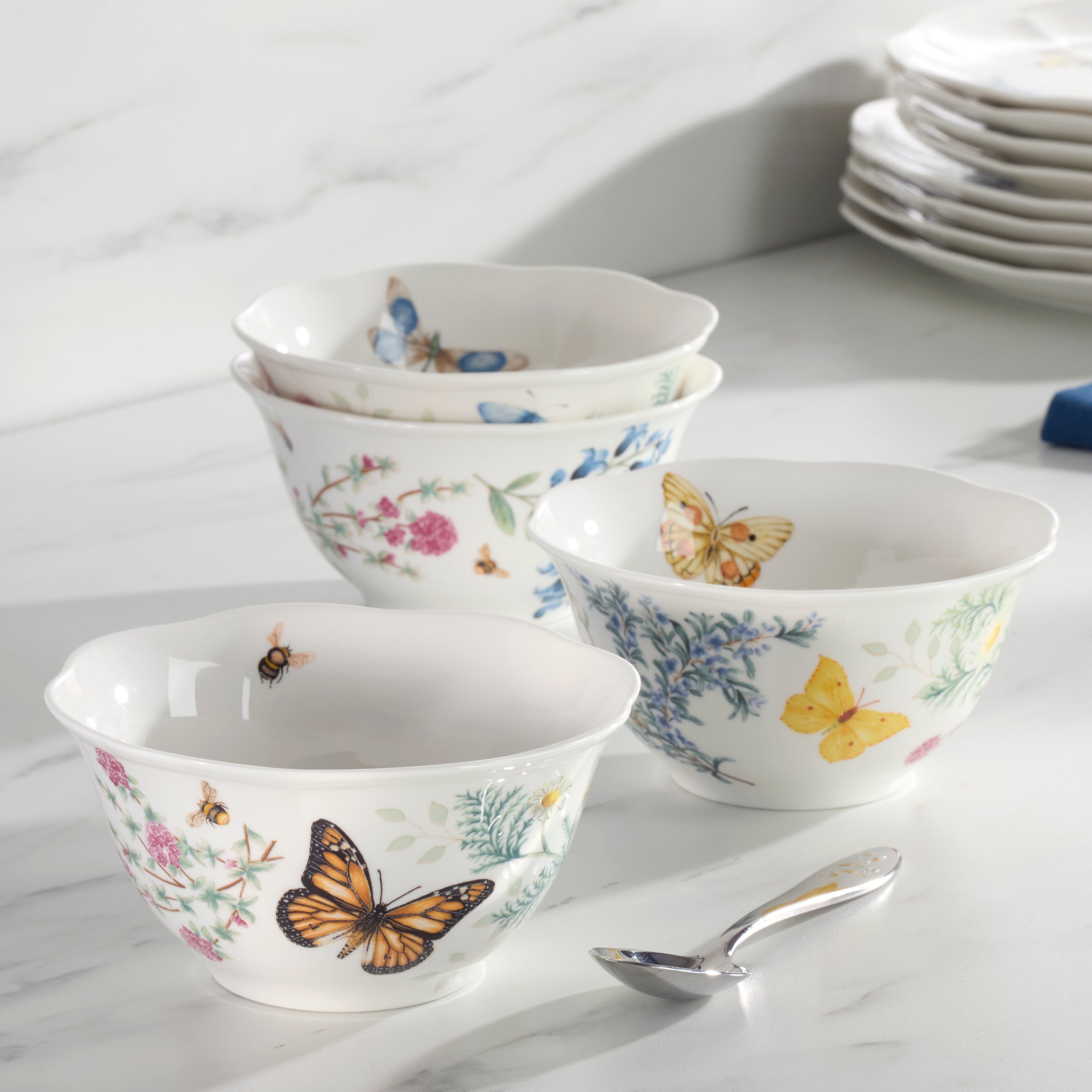 Butterfly Meadow Herbs Rice Bowl Set - 4-Piece Floral Tableware