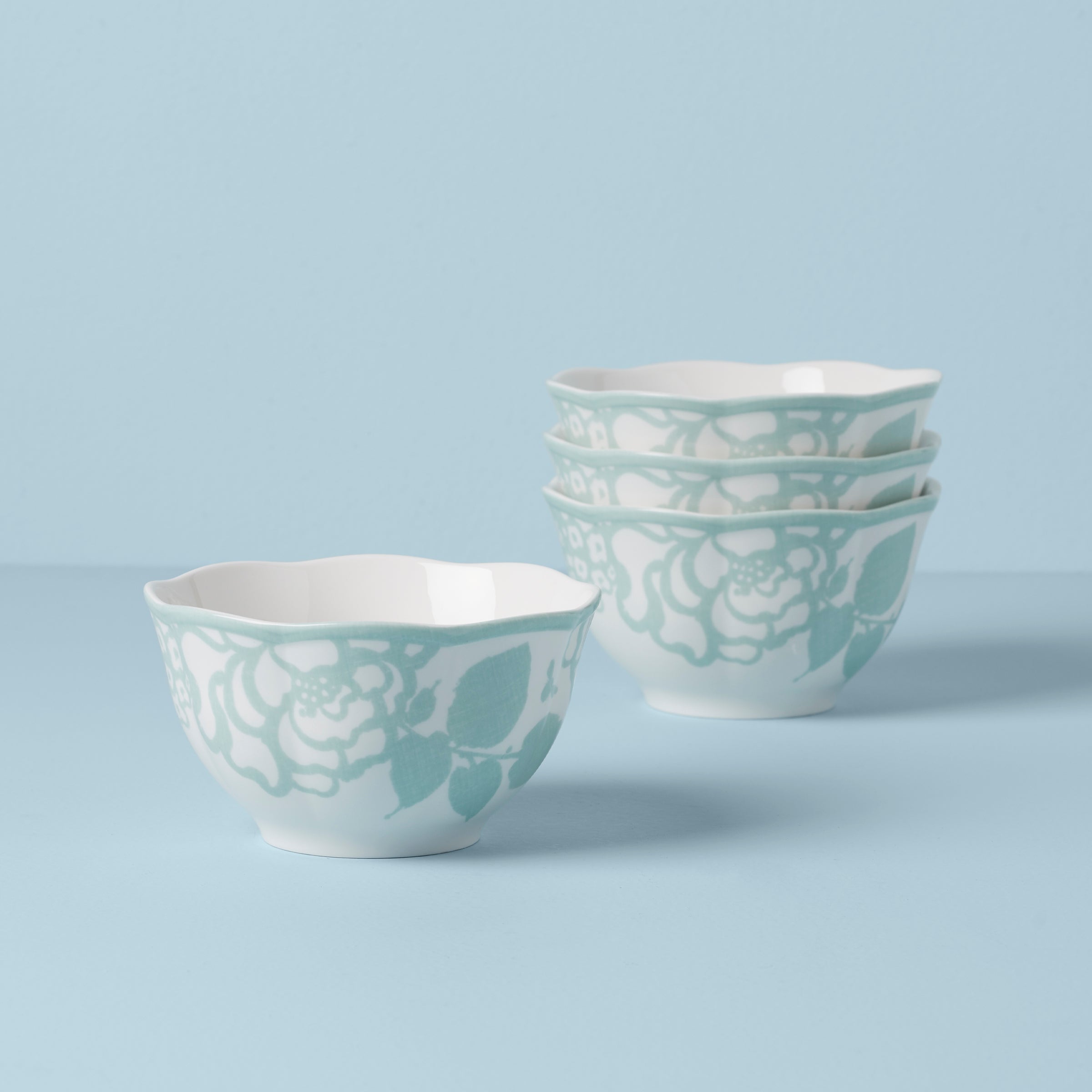 Cottagecore Sage Rice Bowls - Set of 4 Floral Design