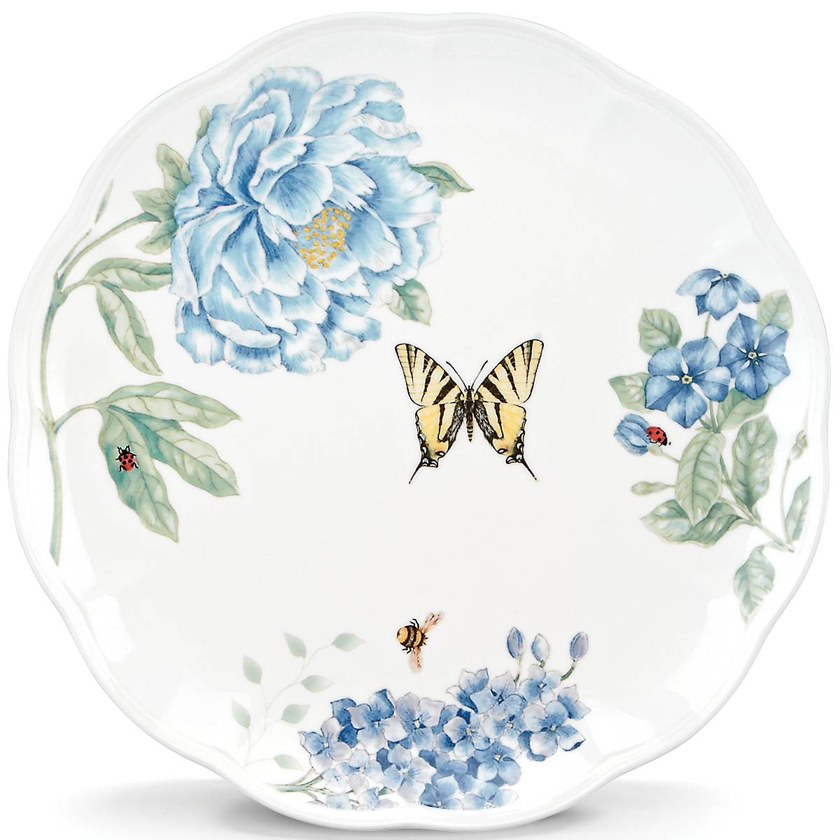 Butterfly Meadow Blue Floral Dinner Plate - Scalloped Ceramic Porcelain