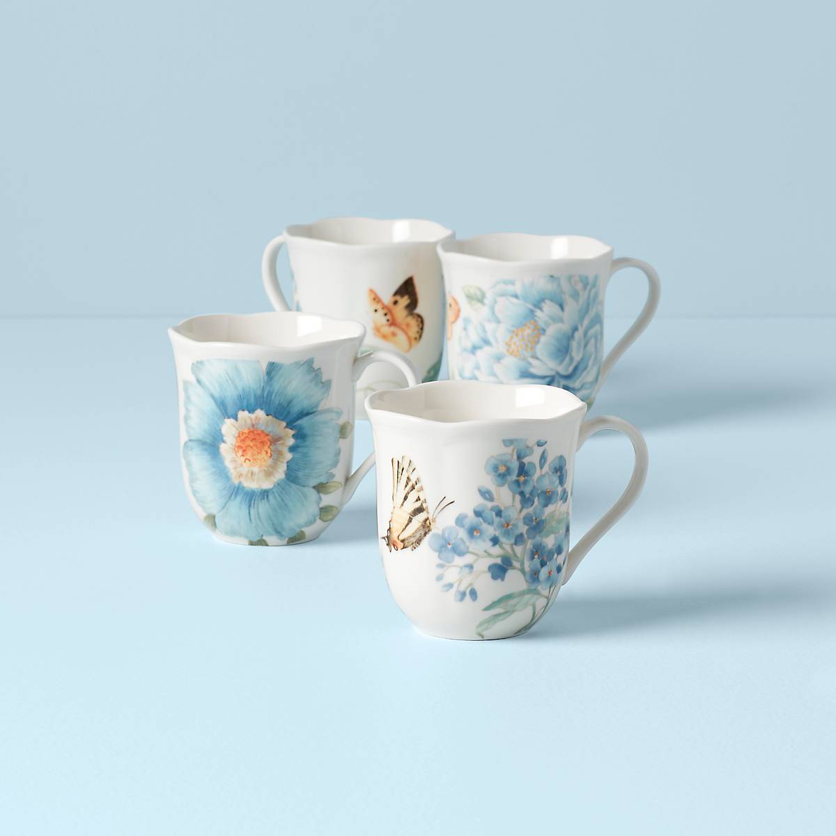 Butterfly Meadow Blue Ceramic Mugs - Set of 4, Microwave Safe
