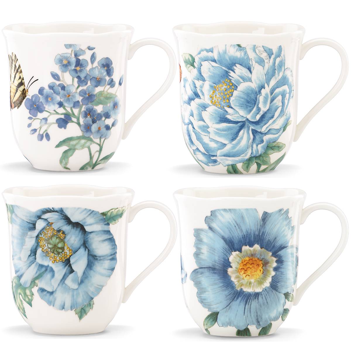 Butterfly Meadow Blue Ceramic Mugs - Set of 4, Microwave Safe