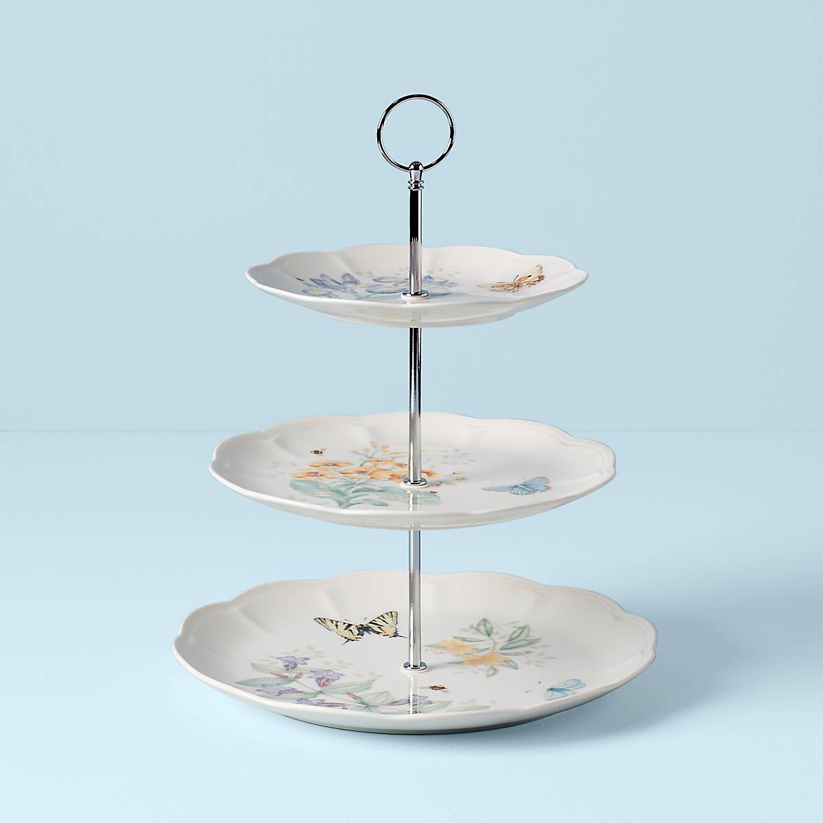 Butterfly Meadow Ceramic 3-Tiered Serving Stand with Floral Design