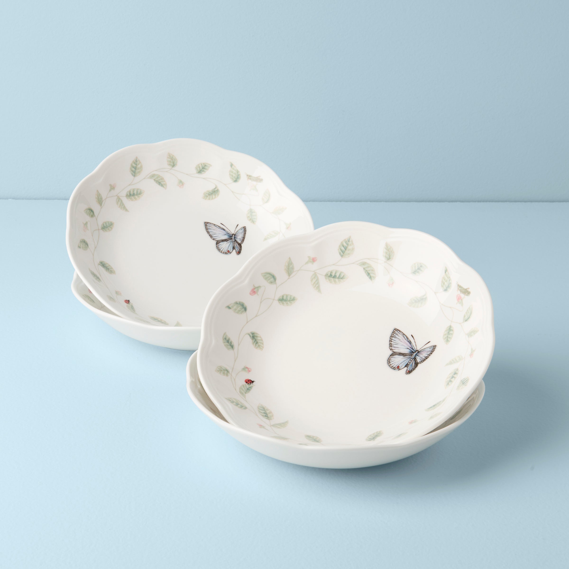 Butterfly Meadow Floral Pasta Bowl Set - 4-Piece Porcelain Dishwasher Safe