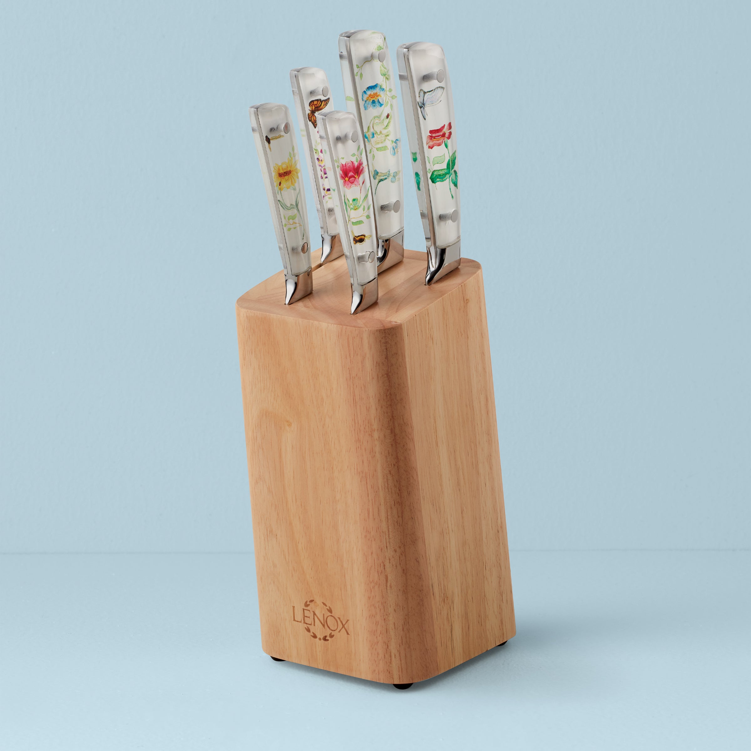 Butterfly Meadow 6-Piece Knife Block Set with Acacia Wood Stand