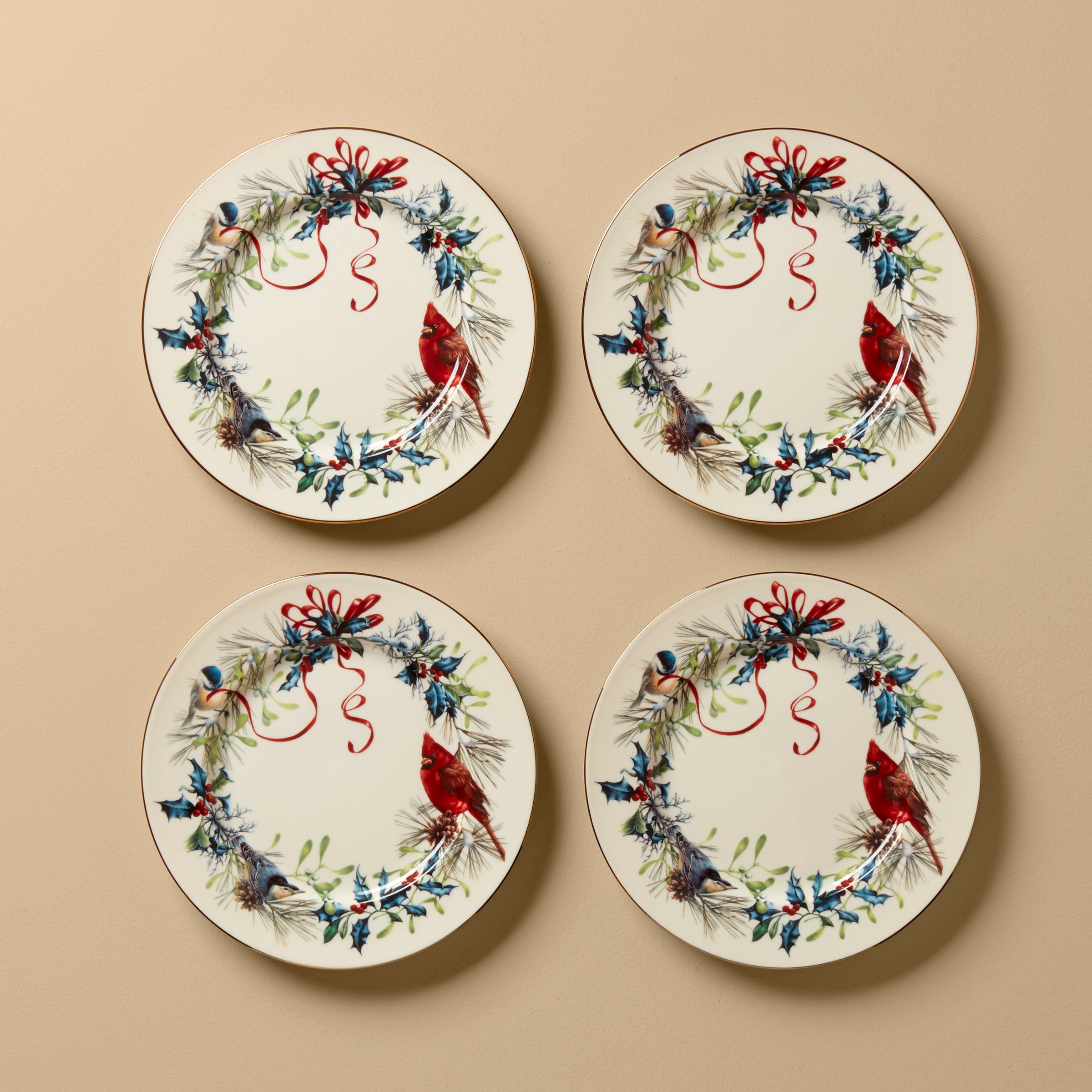 Winter Holiday Porcelain Salad Plates Set - 24k Gold Accents