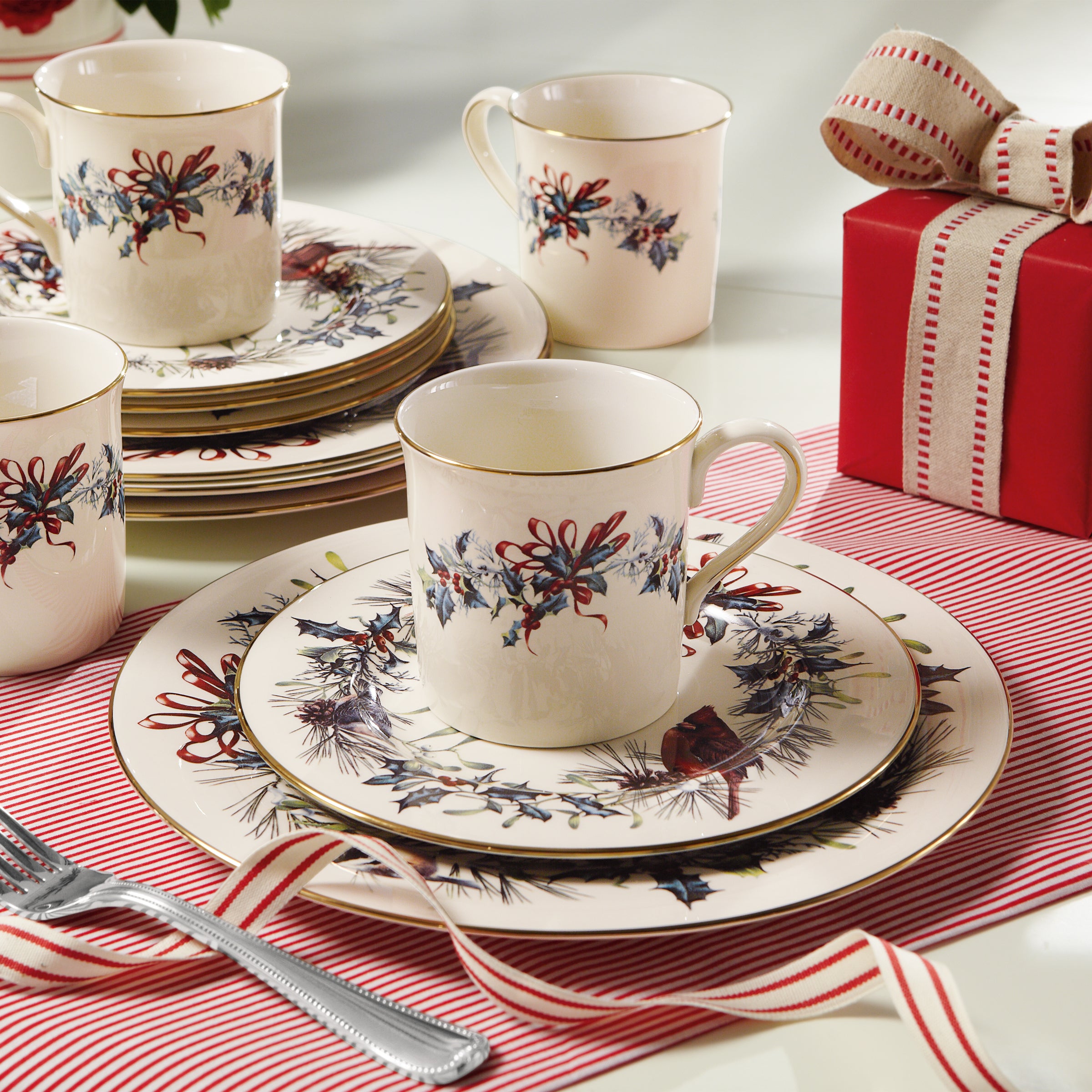 Winter Holiday Porcelain Salad Plates Set - 24k Gold Accents