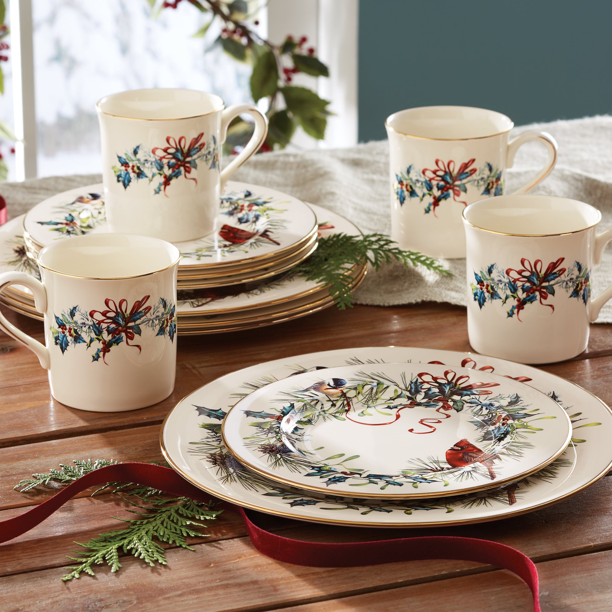Winter Holiday Porcelain Salad Plates Set - 24k Gold Accents