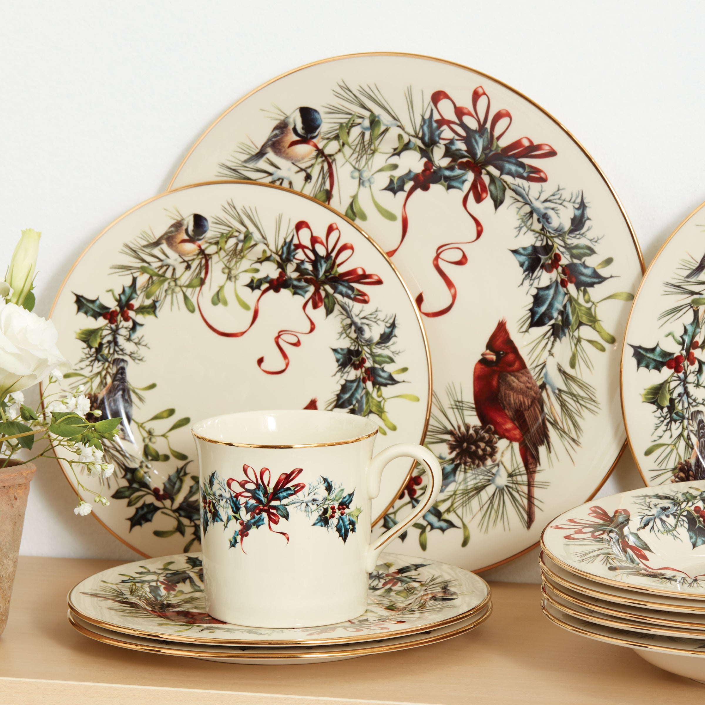 Winter Holiday Porcelain Salad Plates Set - 24k Gold Accents