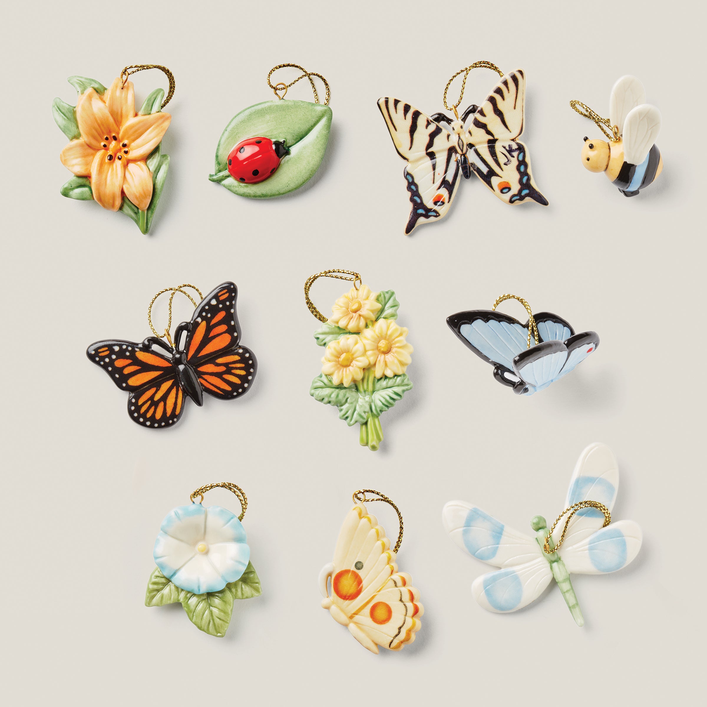 Hand-Painted Porcelain Butterfly Meadow Ornament Set - 10-Piece