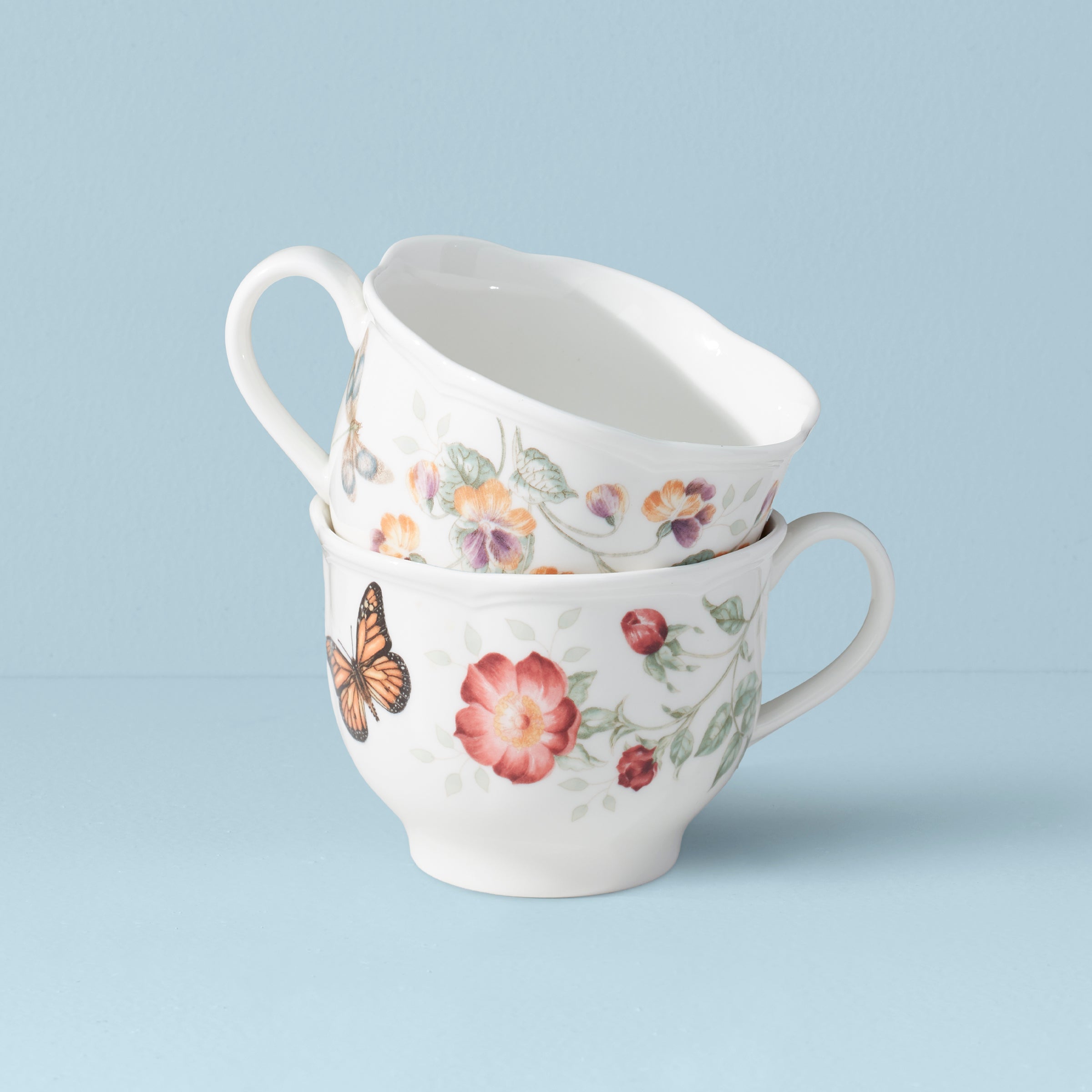 Butterfly Meadow Porcelain Latte Mug Set - 2 White Floral Mugs