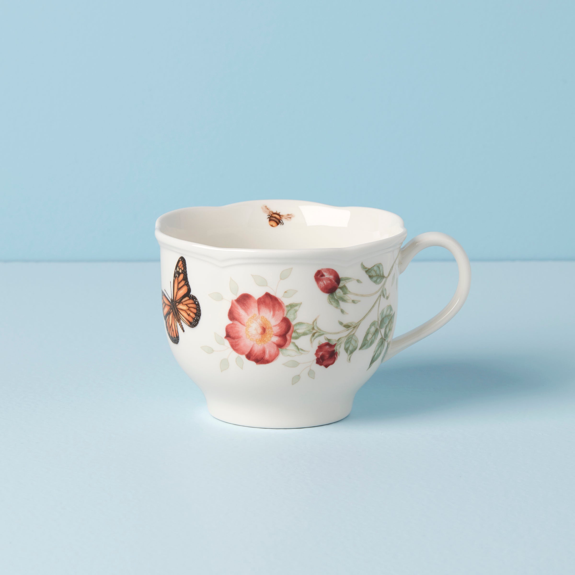 Butterfly Meadow Porcelain Latte Mug Set - 2 White Floral Mugs