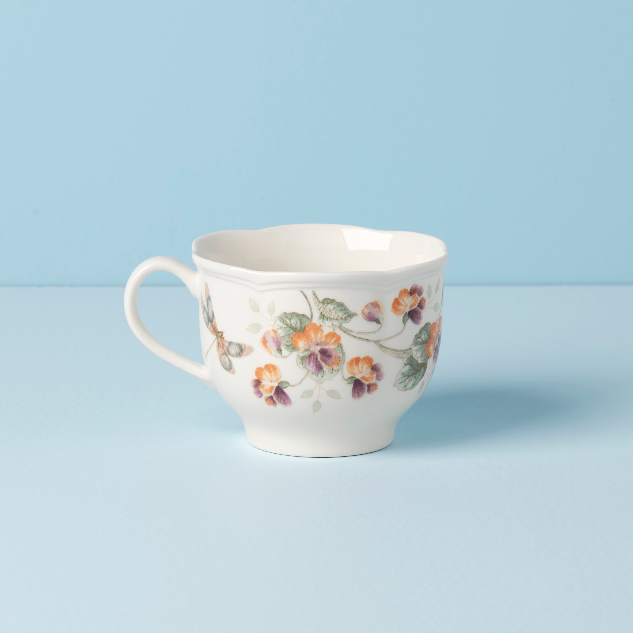 Butterfly Meadow Porcelain Latte Mug Set - 2 White Floral Mugs