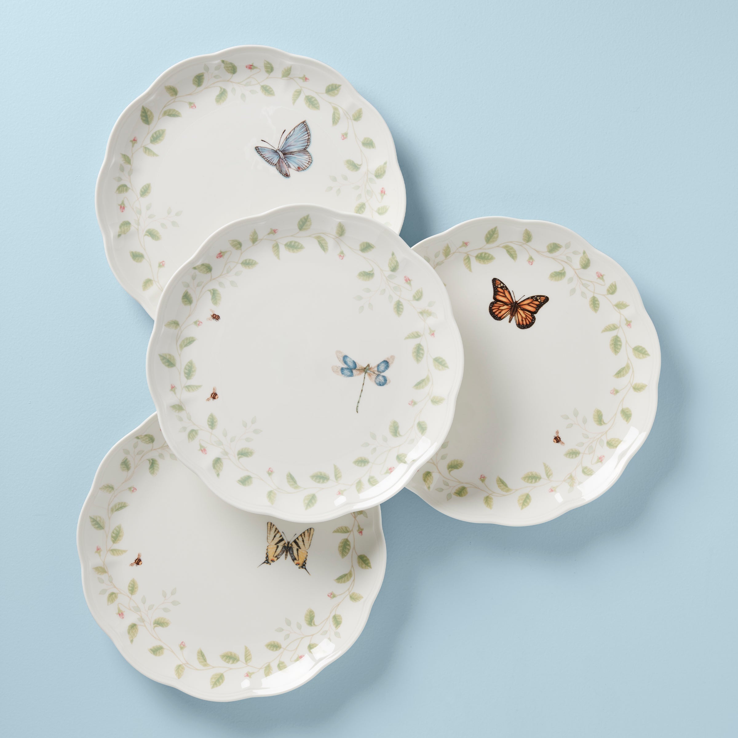 Butterfly Meadow Ceramic Dinner Plates Set of 4 with Scalloped Edges