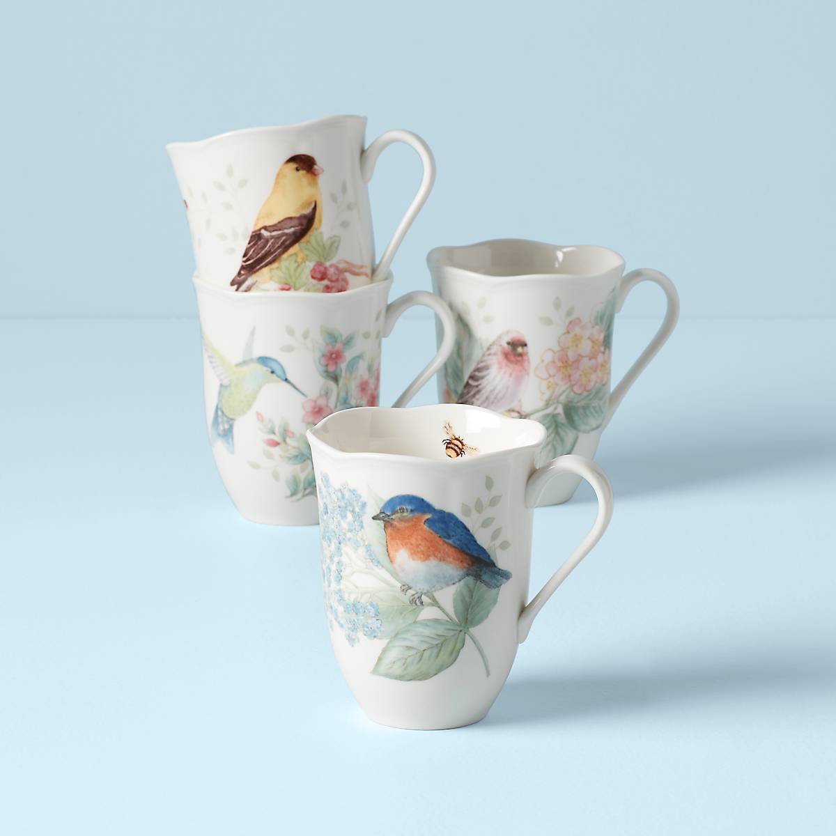 Butterfly Meadow Bird Mugs - Set of 4 Ceramic Floral Design