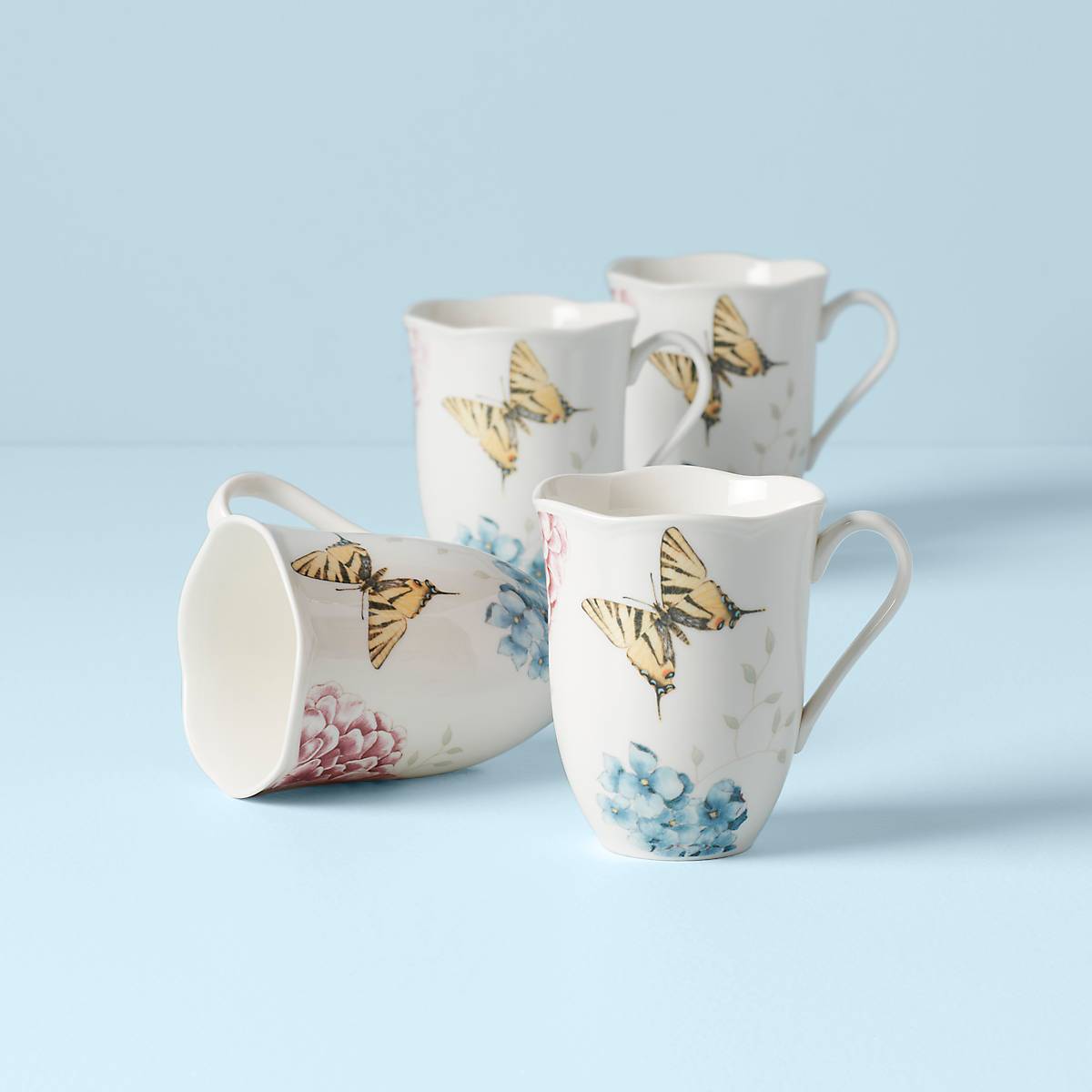 Butterfly Meadow Hydrangea Ceramic Mugs - Set of 4