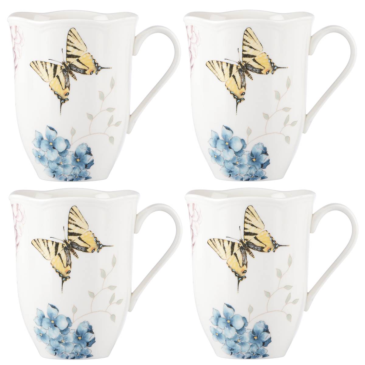 Butterfly Meadow Hydrangea Ceramic Mugs - Set of 4