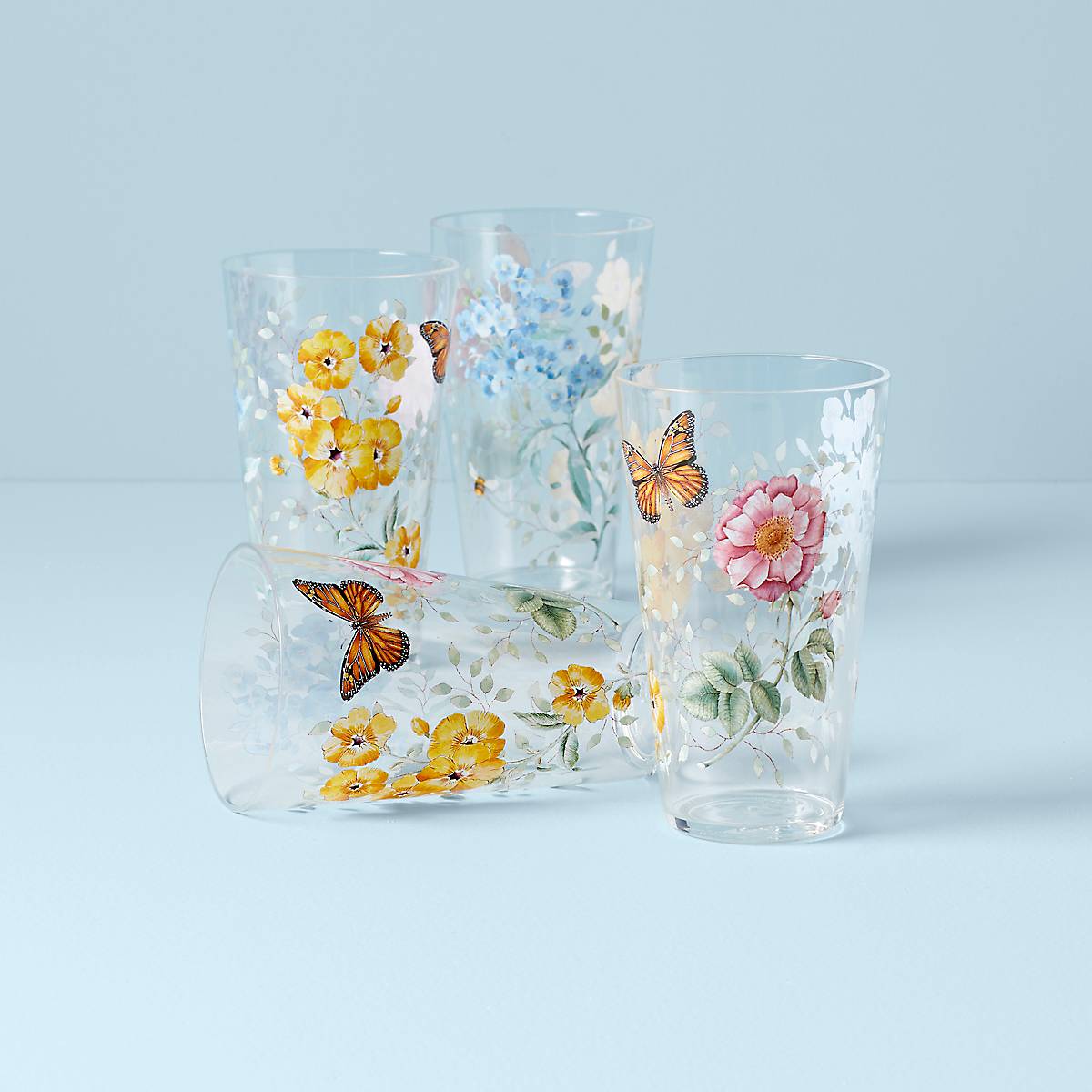 Butterfly Meadow Floral Acrylic Highball Glasses - Set of 4