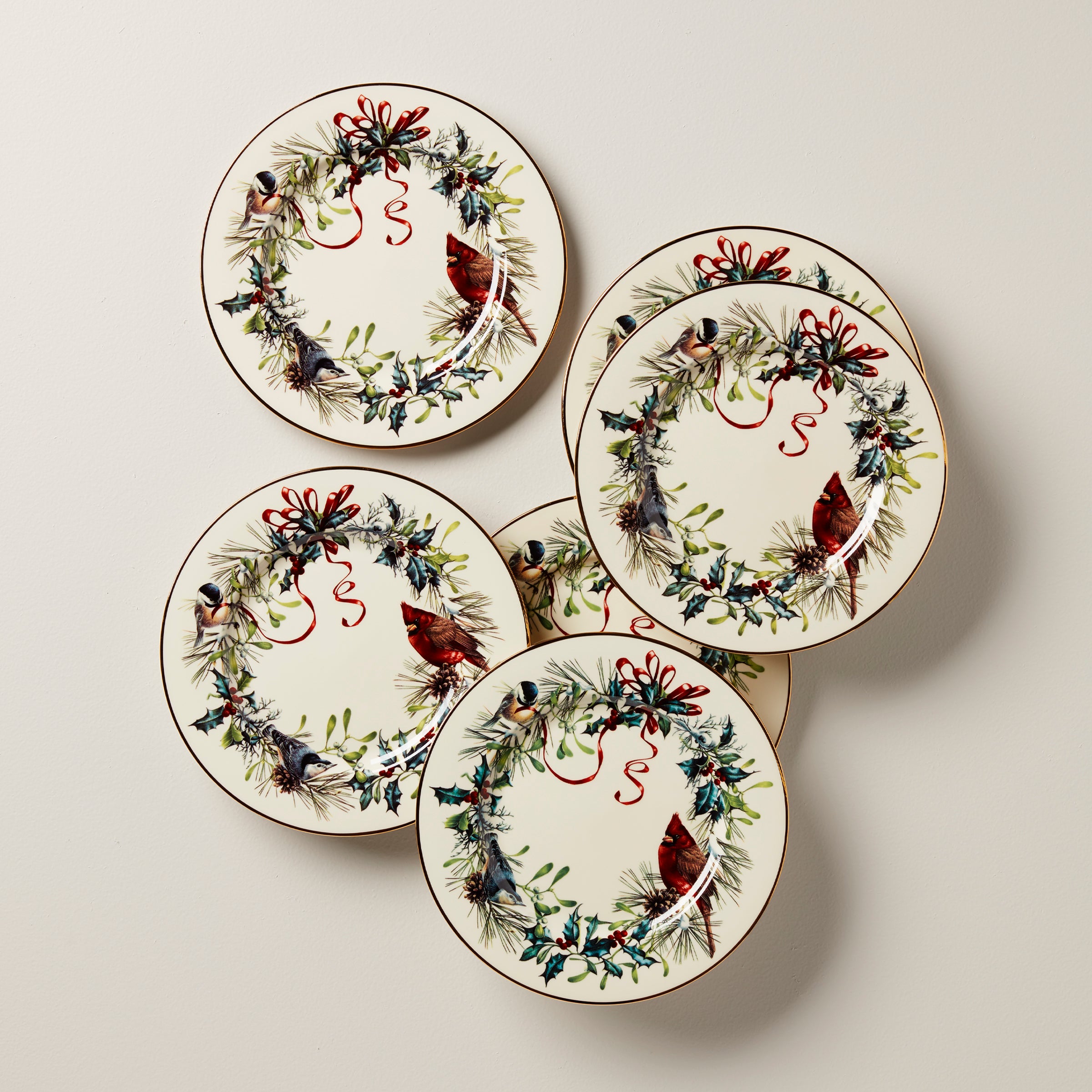 Winter Greetings Porcelain Salad Plates Set with Gold Accents