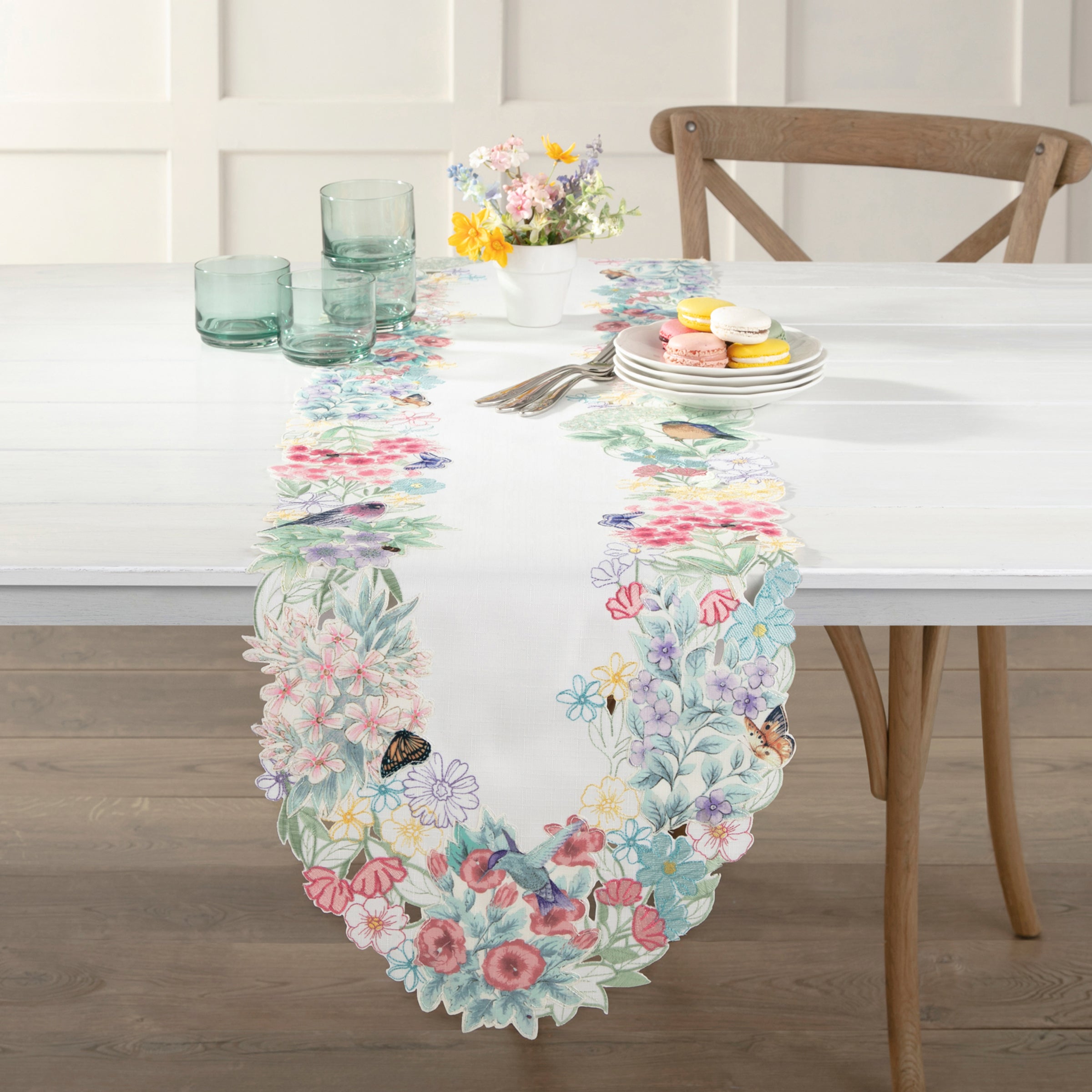 Butterfly Meadow Floral Table Runner with Goldfinches & Bluebirds