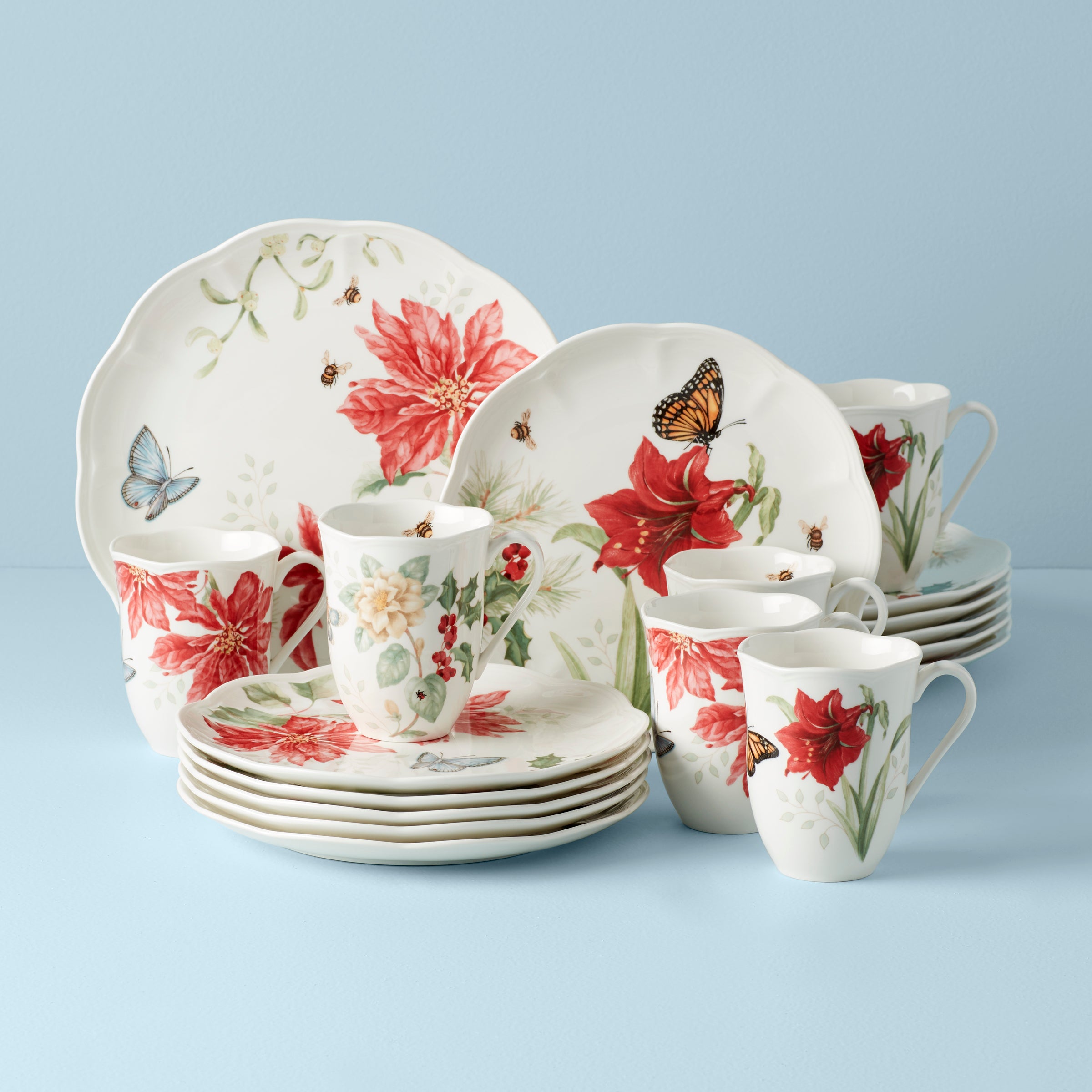 Butterfly Meadow 18-Piece Ceramic Dinnerware Set with Floral Design
