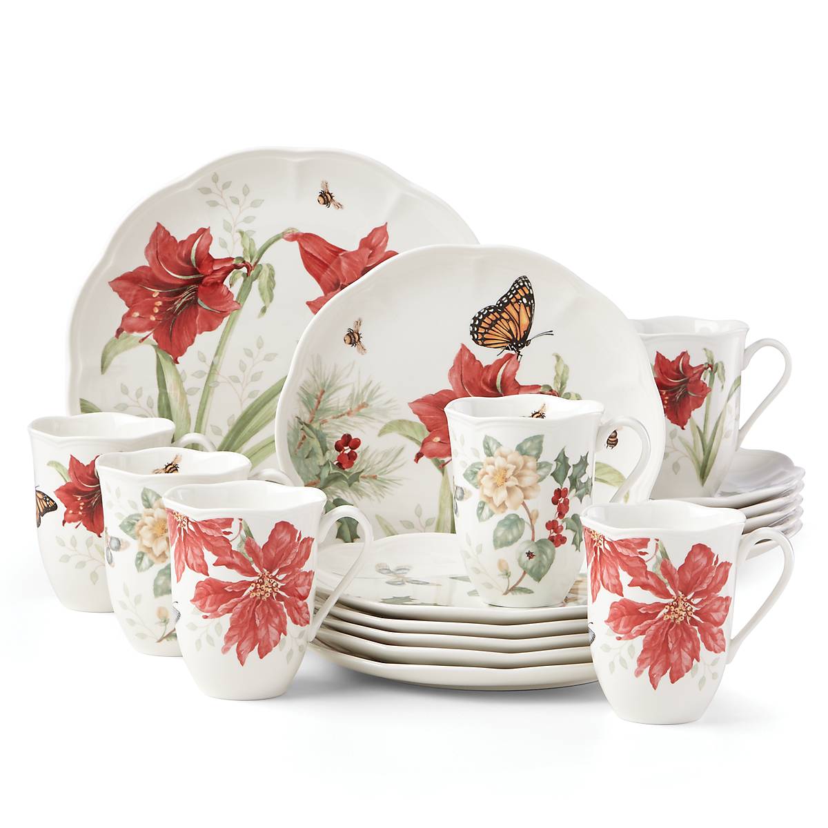 Butterfly Meadow 18-Piece Ceramic Dinnerware Set with Floral Design