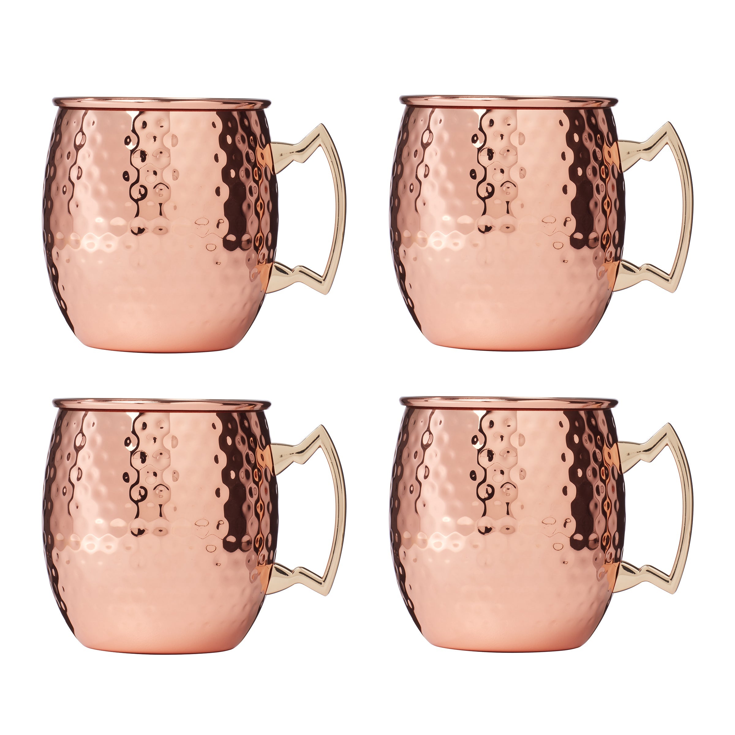 Hammered Copper Moscow Mule Mugs Set - 4 Pack, Gold Handle, Shatter-Resistant